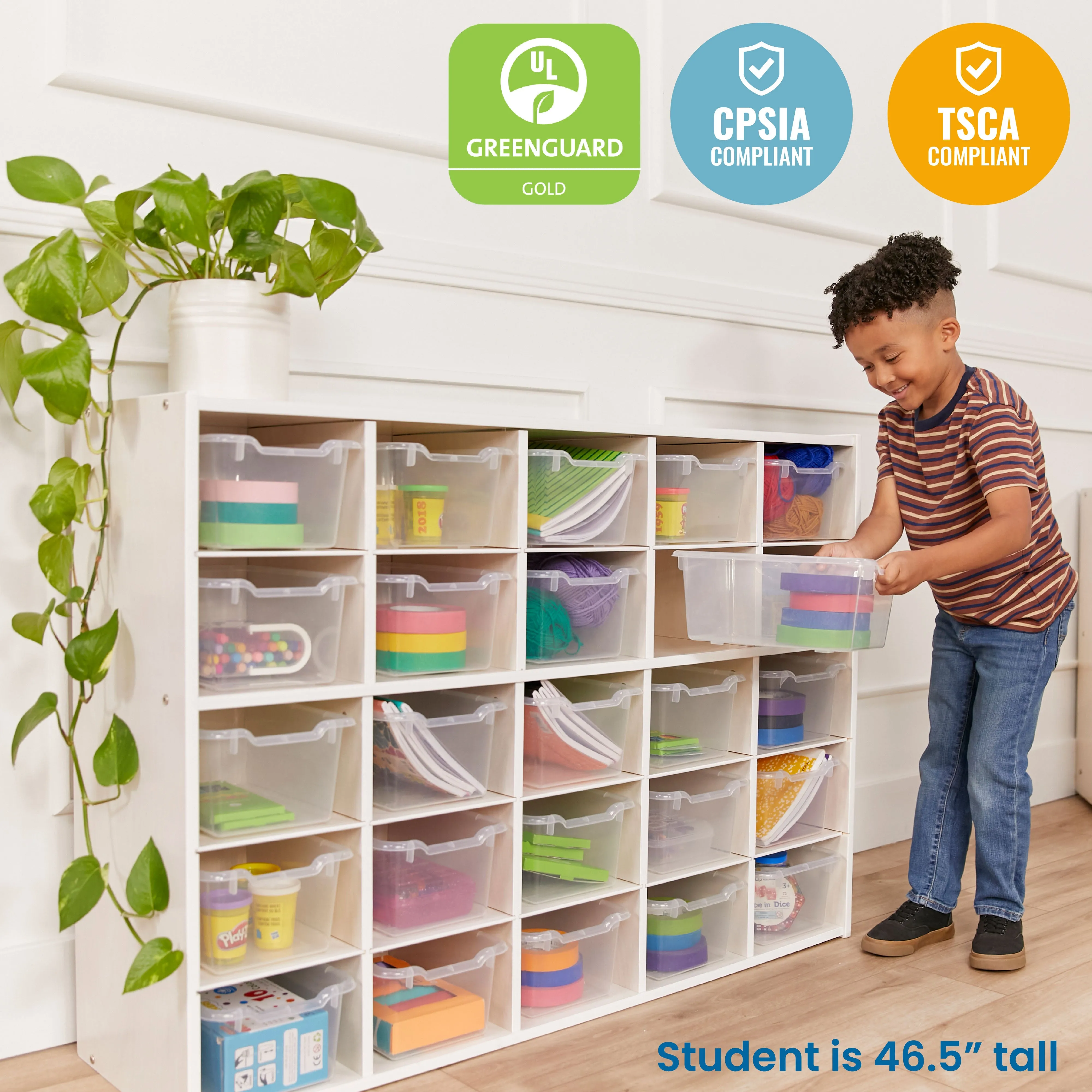 Streamline 25 Cubby Tray Cabinet with Scoop Front Storage Bins, 5x5, White Wash, Classroom Furniture