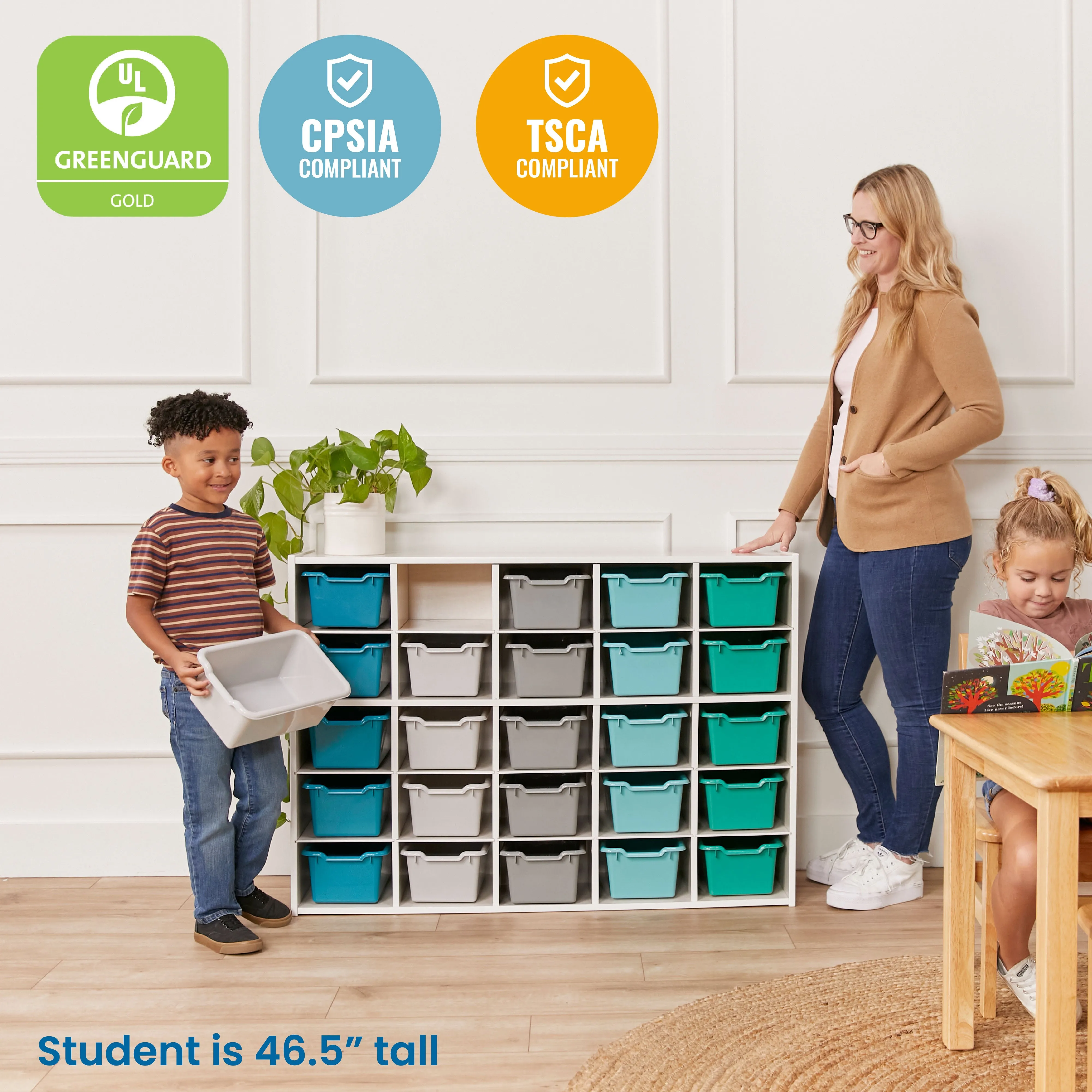 Streamline 25 Cubby Tray Cabinet with Scoop Front Storage Bins, 5x5, White Wash, Classroom Furniture