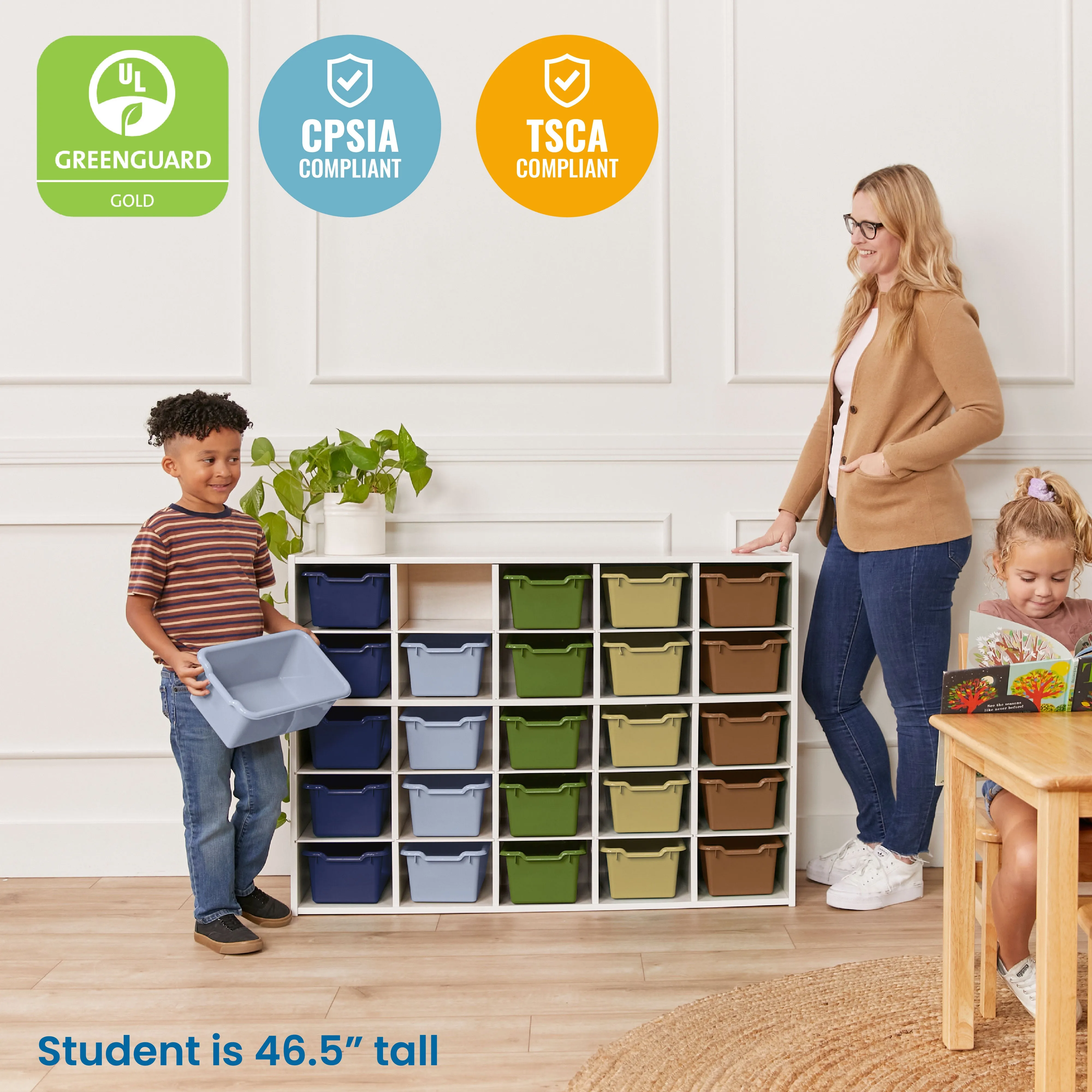 Streamline 25 Cubby Tray Cabinet with Scoop Front Storage Bins, 5x5, White Wash, Classroom Furniture