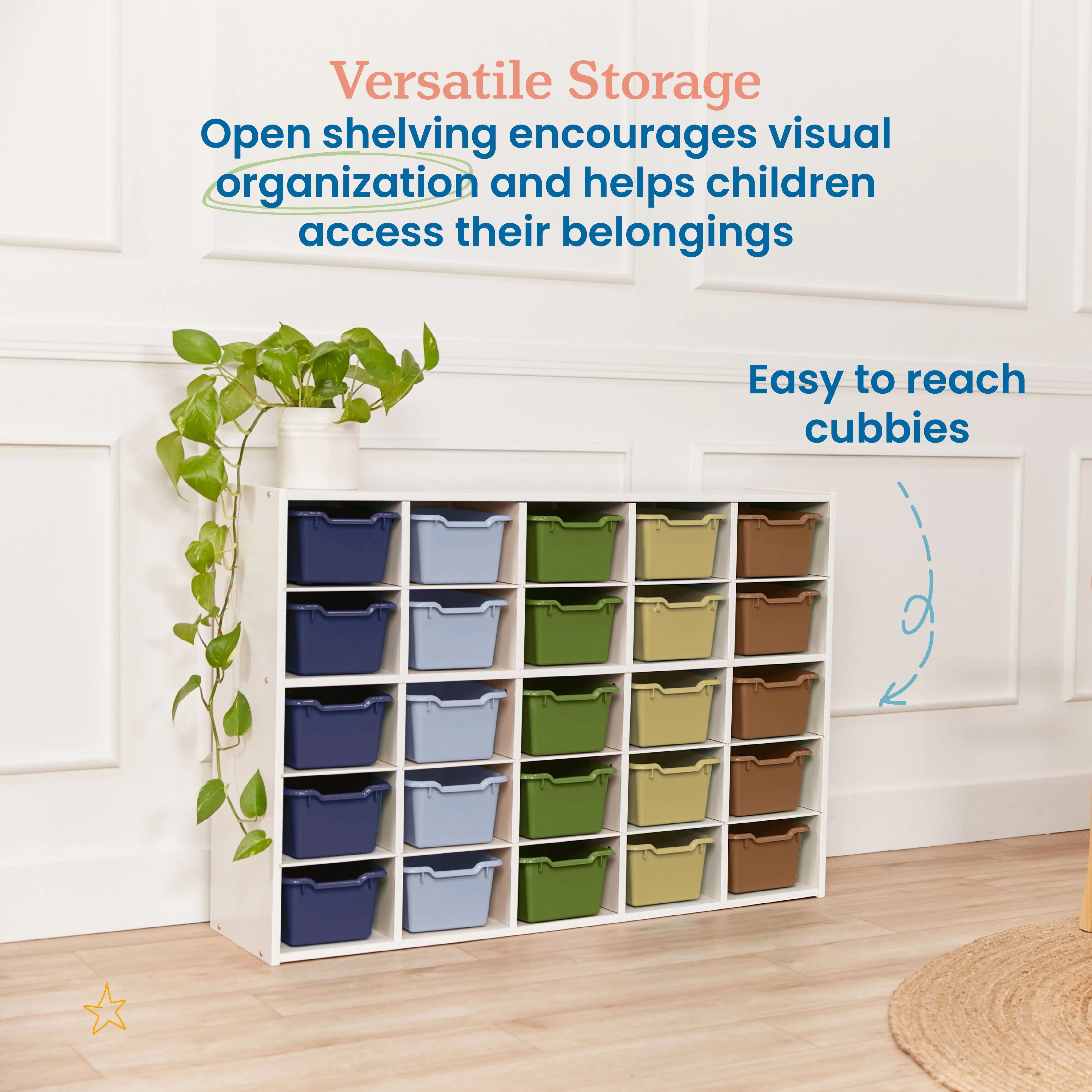 Streamline 25 Cubby Tray Cabinet with Scoop Front Storage Bins, 5x5, White Wash, Classroom Furniture
