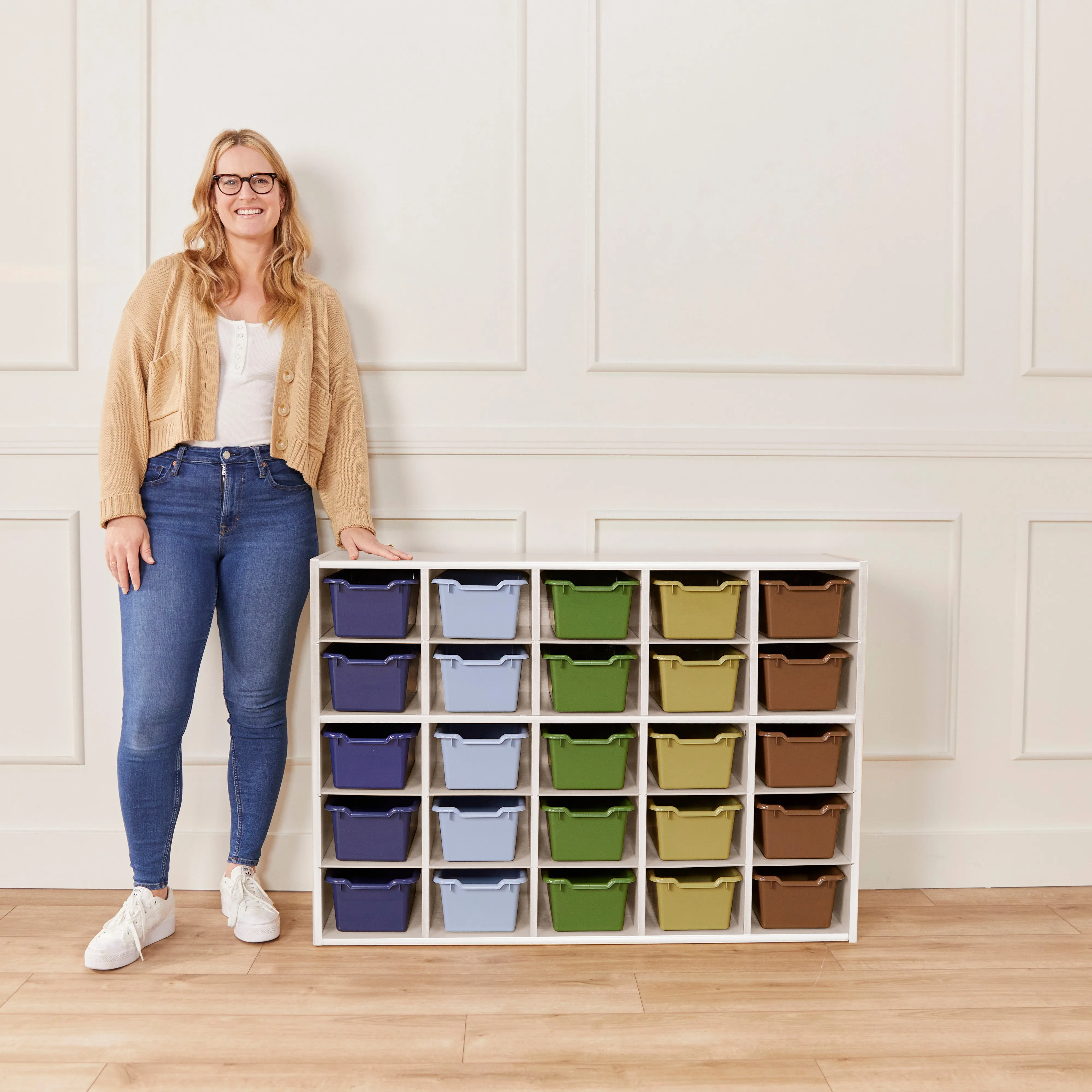 Streamline 25 Cubby Tray Cabinet with Scoop Front Storage Bins, 5x5, White Wash, Classroom Furniture