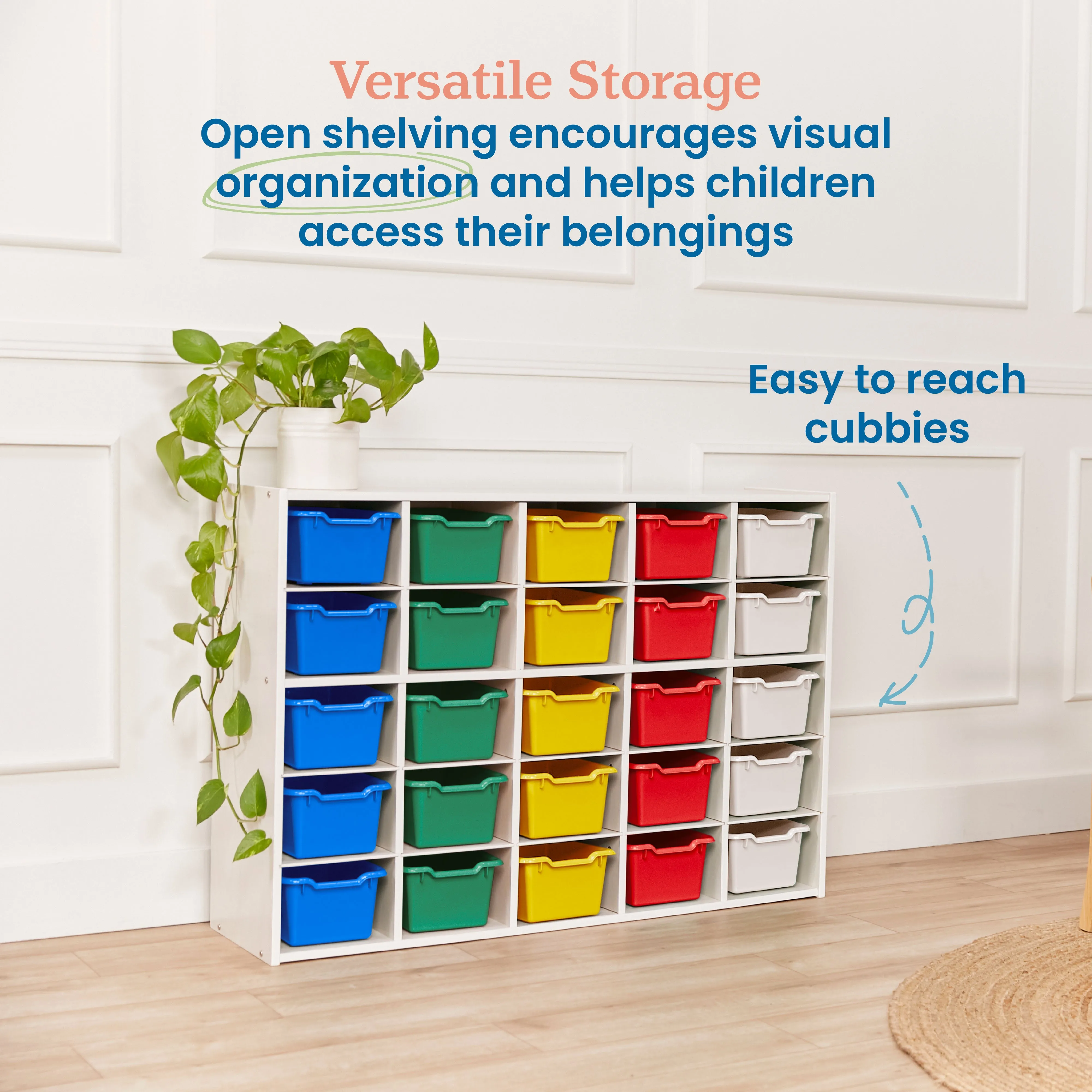 Streamline 25 Cubby Tray Cabinet with Scoop Front Storage Bins, 5x5, White Wash, Classroom Furniture