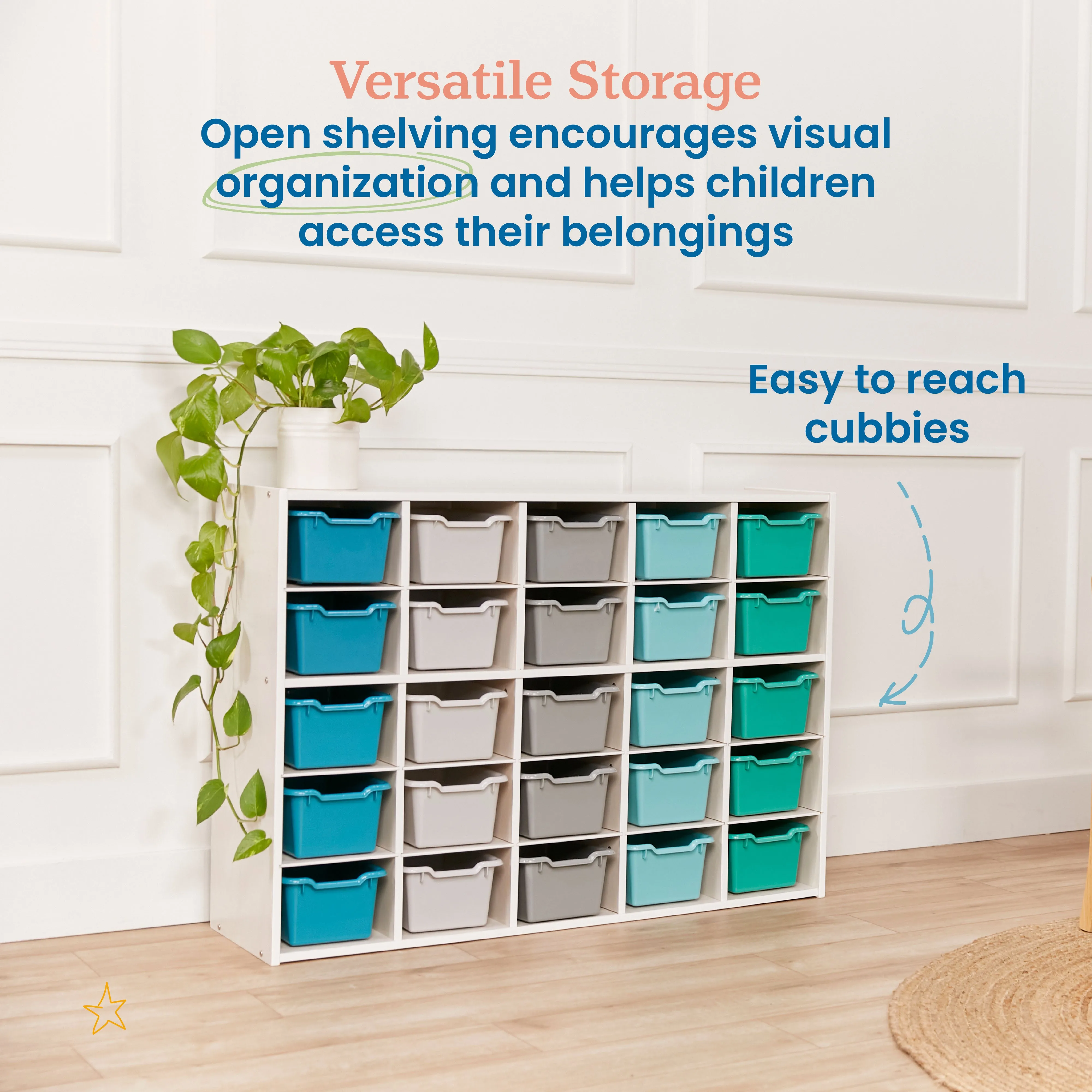 Streamline 25 Cubby Tray Cabinet with Scoop Front Storage Bins, 5x5, White Wash, Classroom Furniture