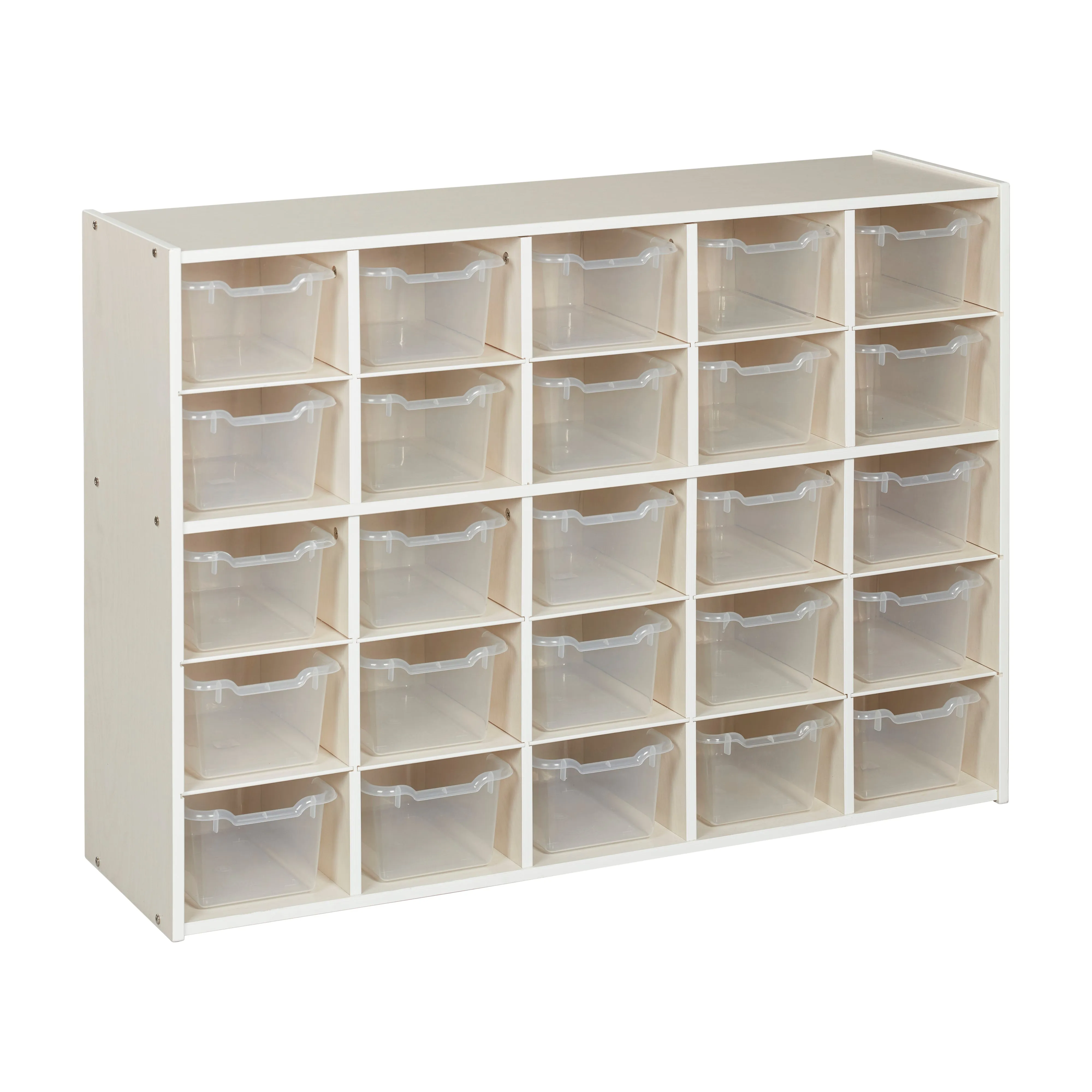 Streamline 25 Cubby Tray Cabinet with Scoop Front Storage Bins, 5x5, White Wash, Classroom Furniture