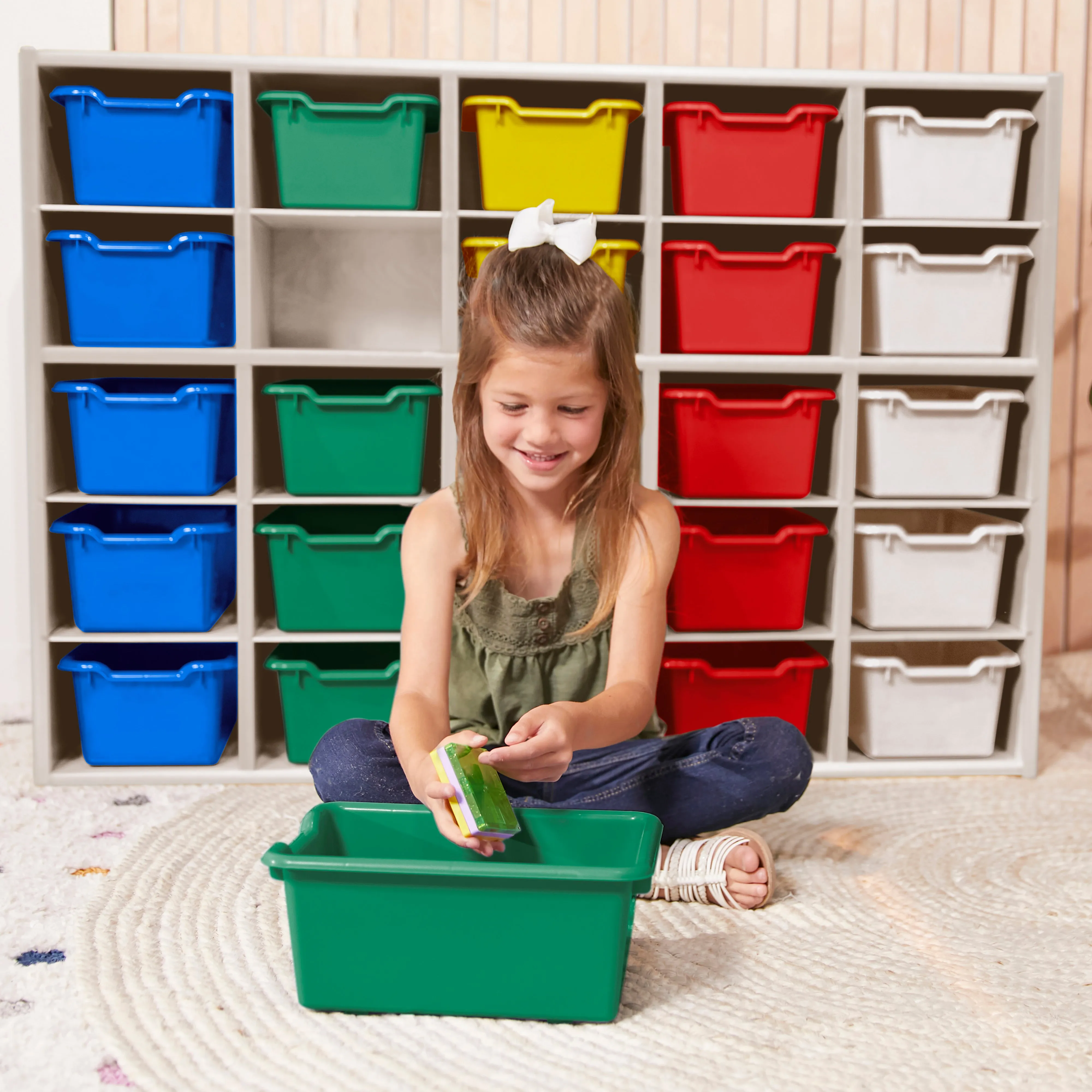 Streamline 25 Cubby Tray Cabinet with Scoop Front Storage Bins, 5x5, White Wash, Classroom Furniture