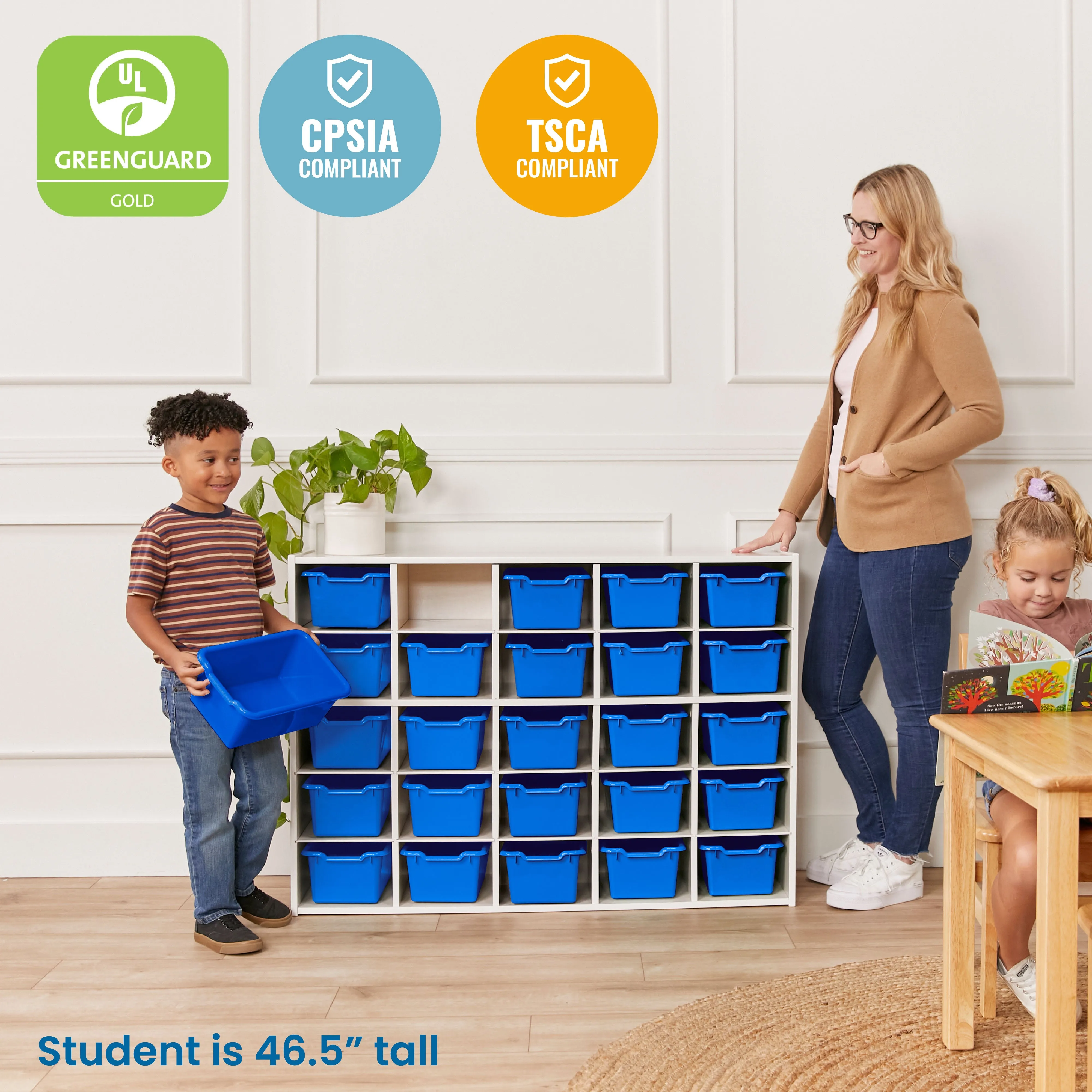 Streamline 25 Cubby Tray Cabinet with Scoop Front Storage Bins, 5x5, White Wash, Classroom Furniture