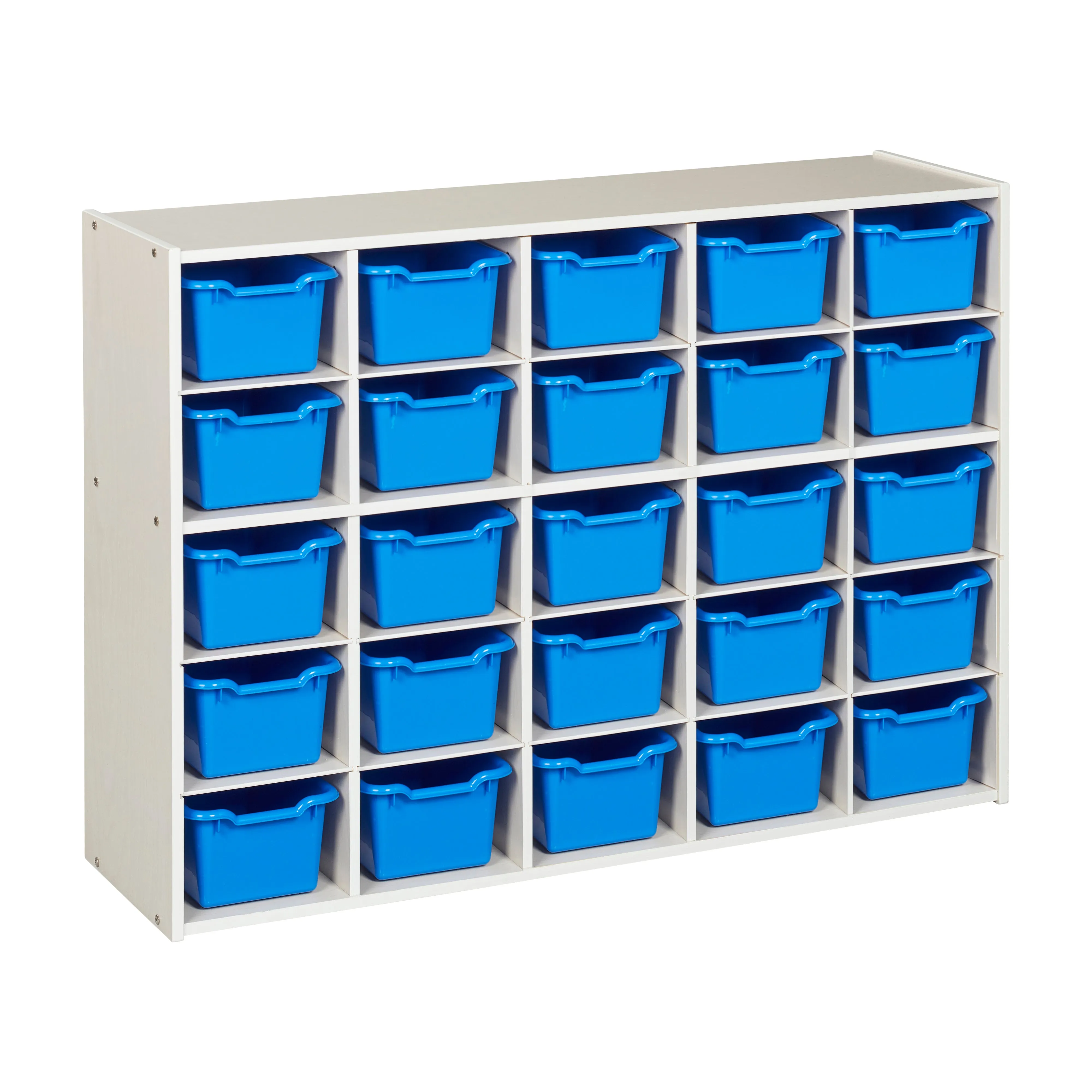 Streamline 25 Cubby Tray Cabinet with Scoop Front Storage Bins, 5x5, White Wash, Classroom Furniture