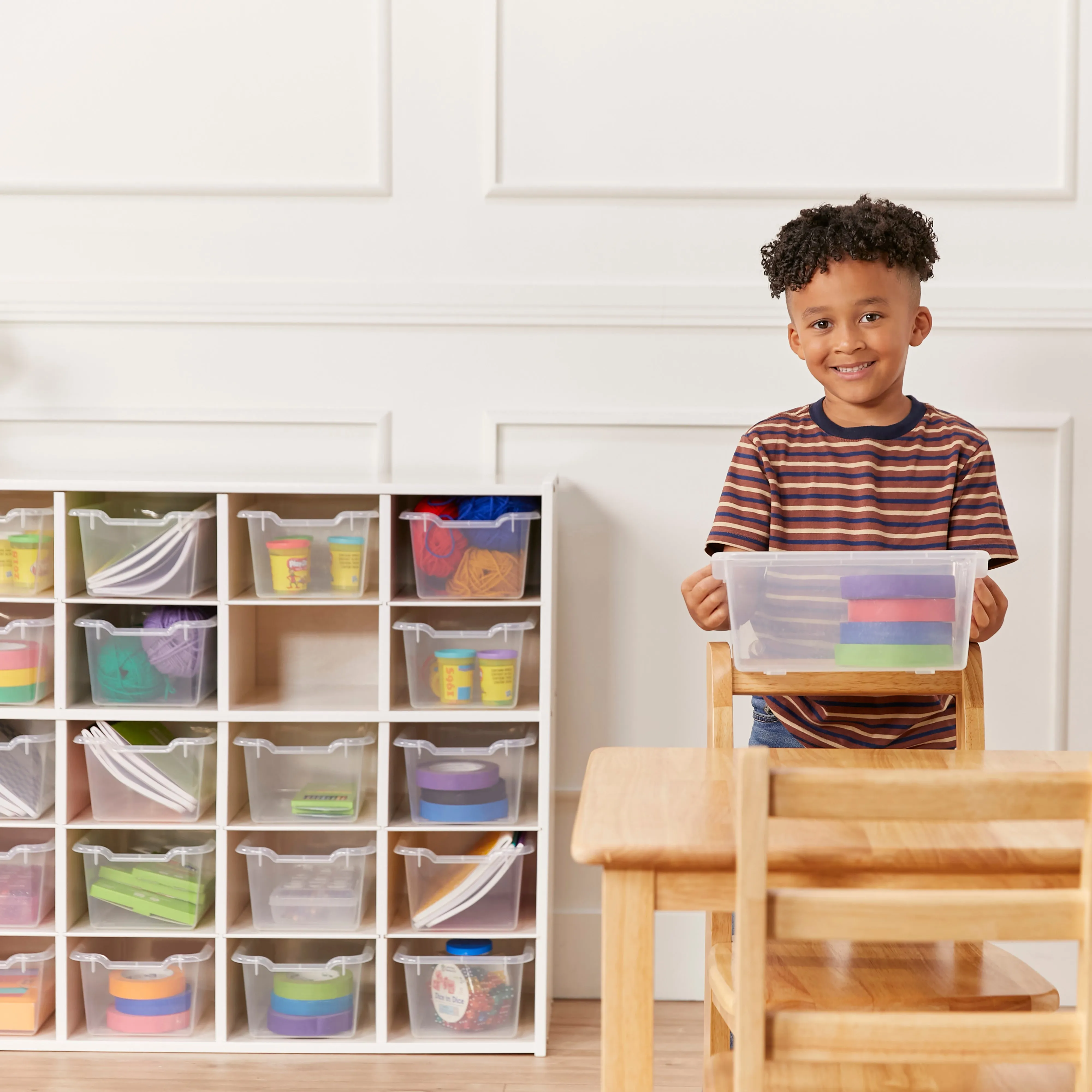 Streamline 25 Cubby Tray Cabinet with Scoop Front Storage Bins, 5x5, White Wash, Classroom Furniture