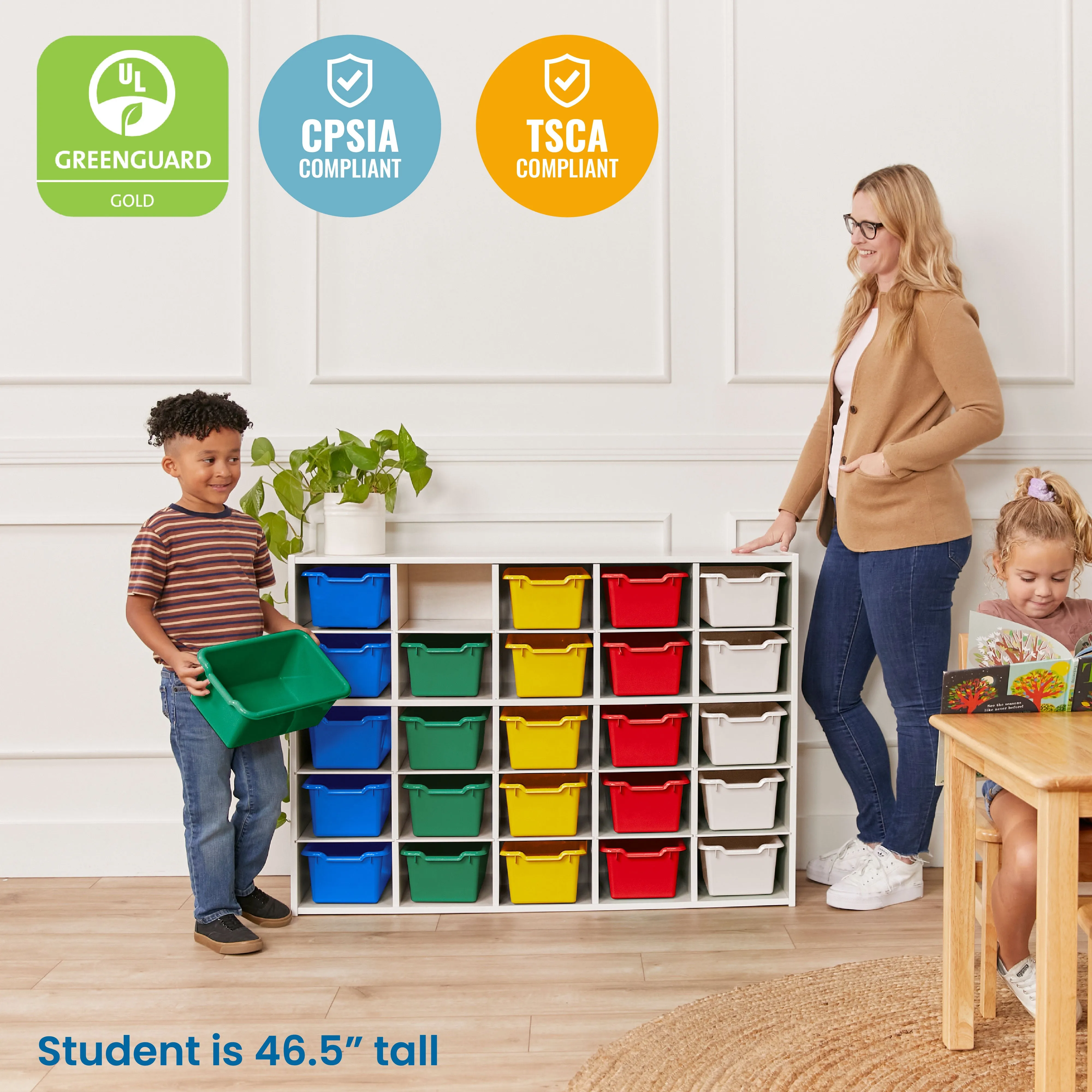 Streamline 25 Cubby Tray Cabinet with Scoop Front Storage Bins, 5x5, White Wash, Classroom Furniture