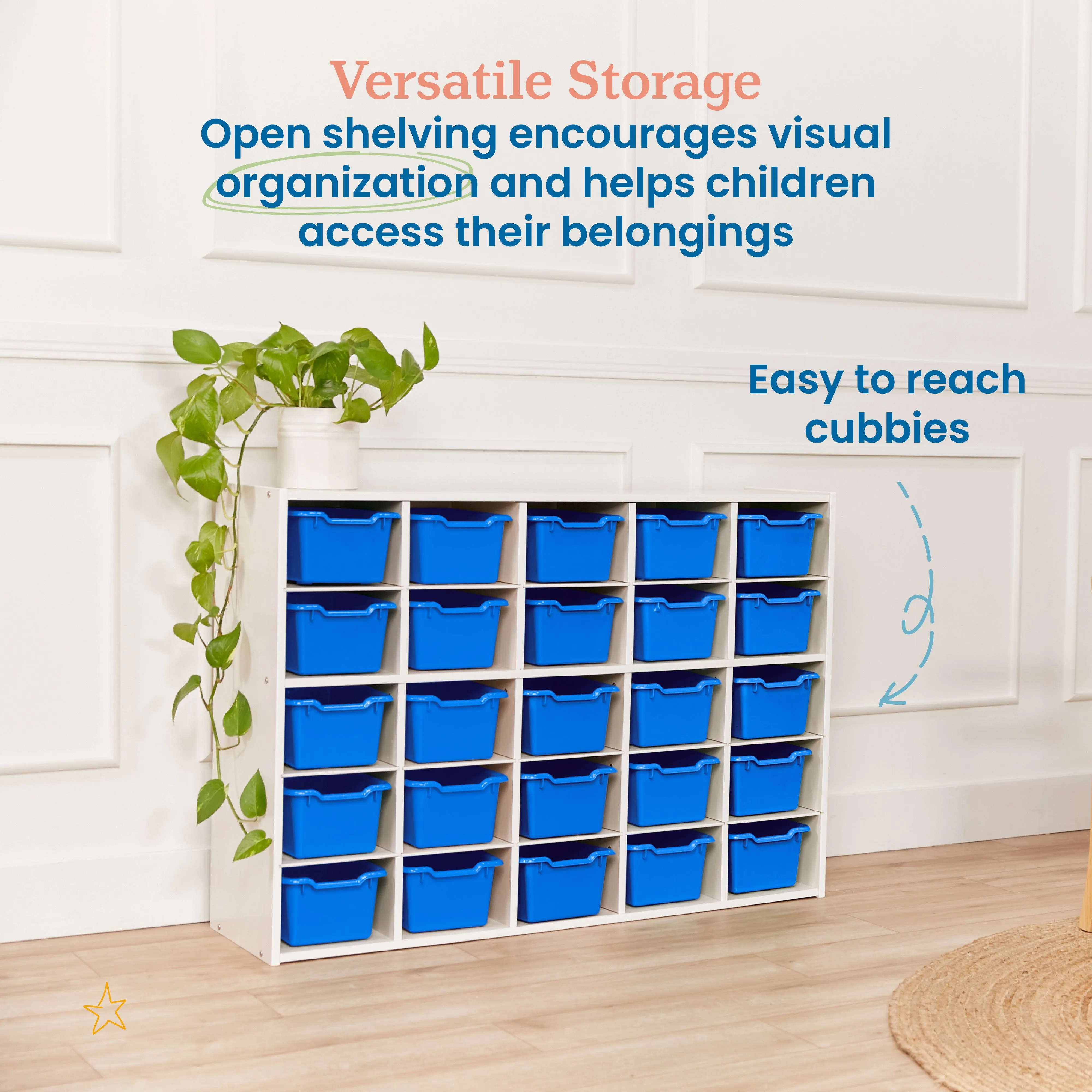 Streamline 25 Cubby Tray Cabinet with Scoop Front Storage Bins, 5x5, White Wash, Classroom Furniture