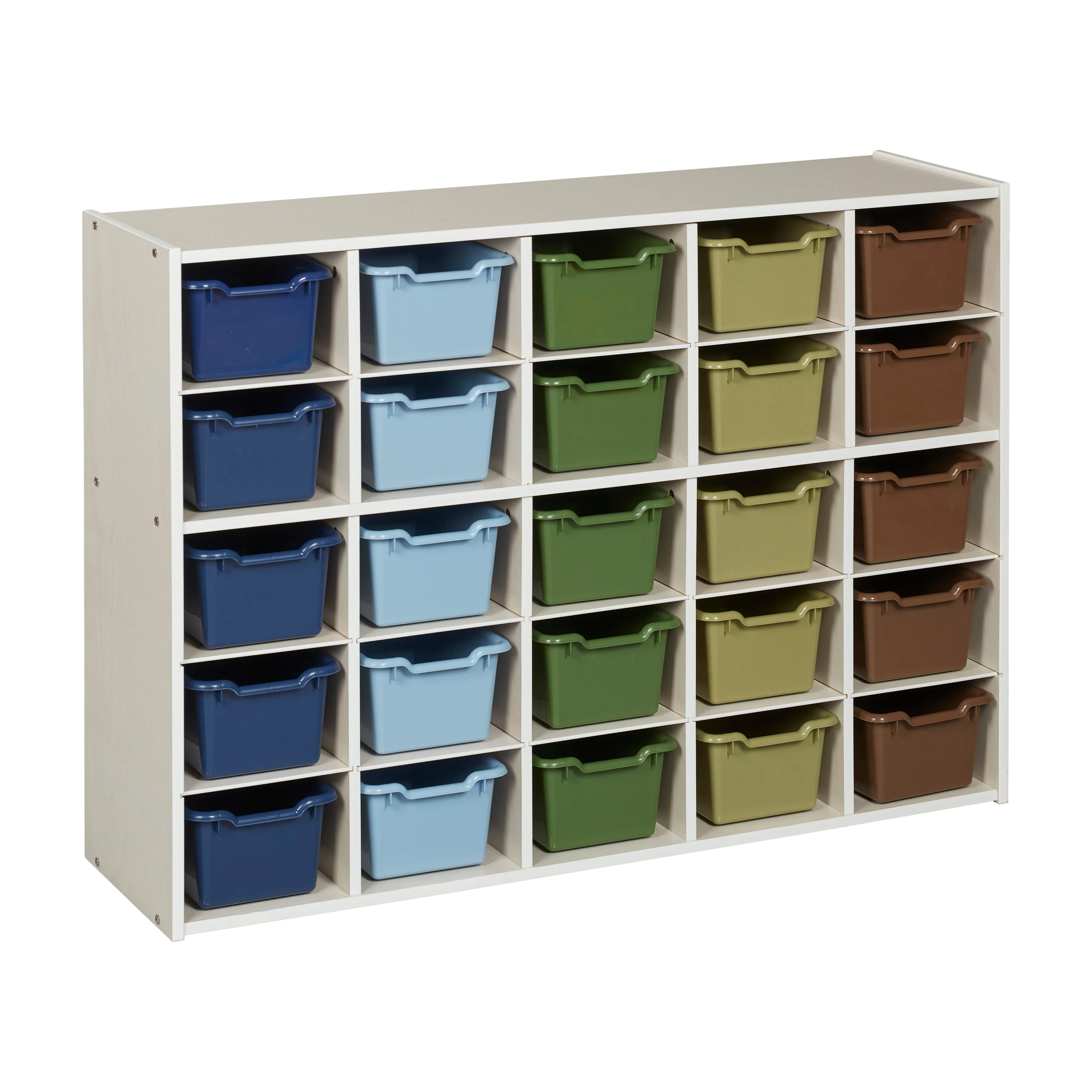Streamline 25 Cubby Tray Cabinet with Scoop Front Storage Bins, 5x5, White Wash, Classroom Furniture