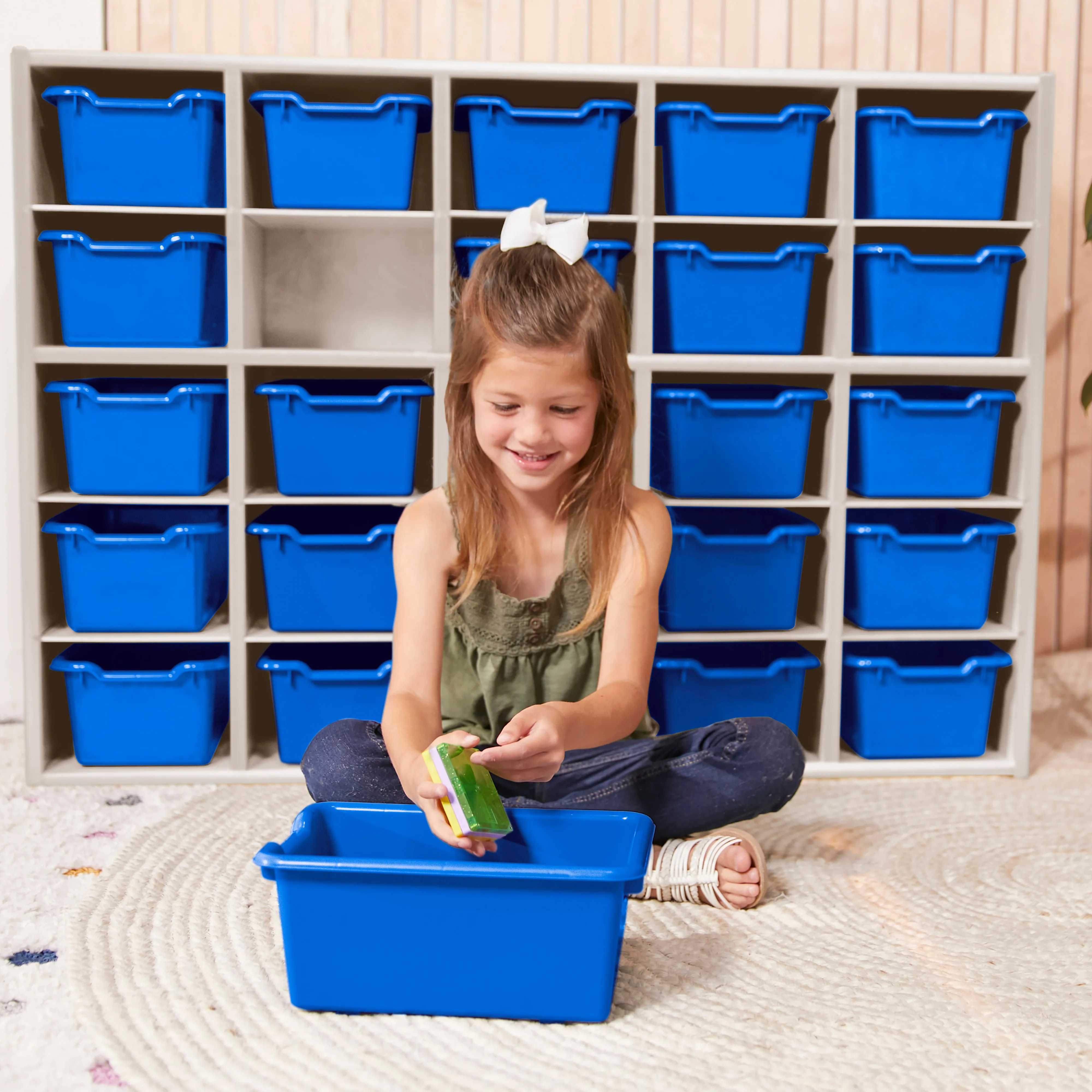 Streamline 25 Cubby Tray Cabinet with Scoop Front Storage Bins, 5x5, White Wash, Classroom Furniture