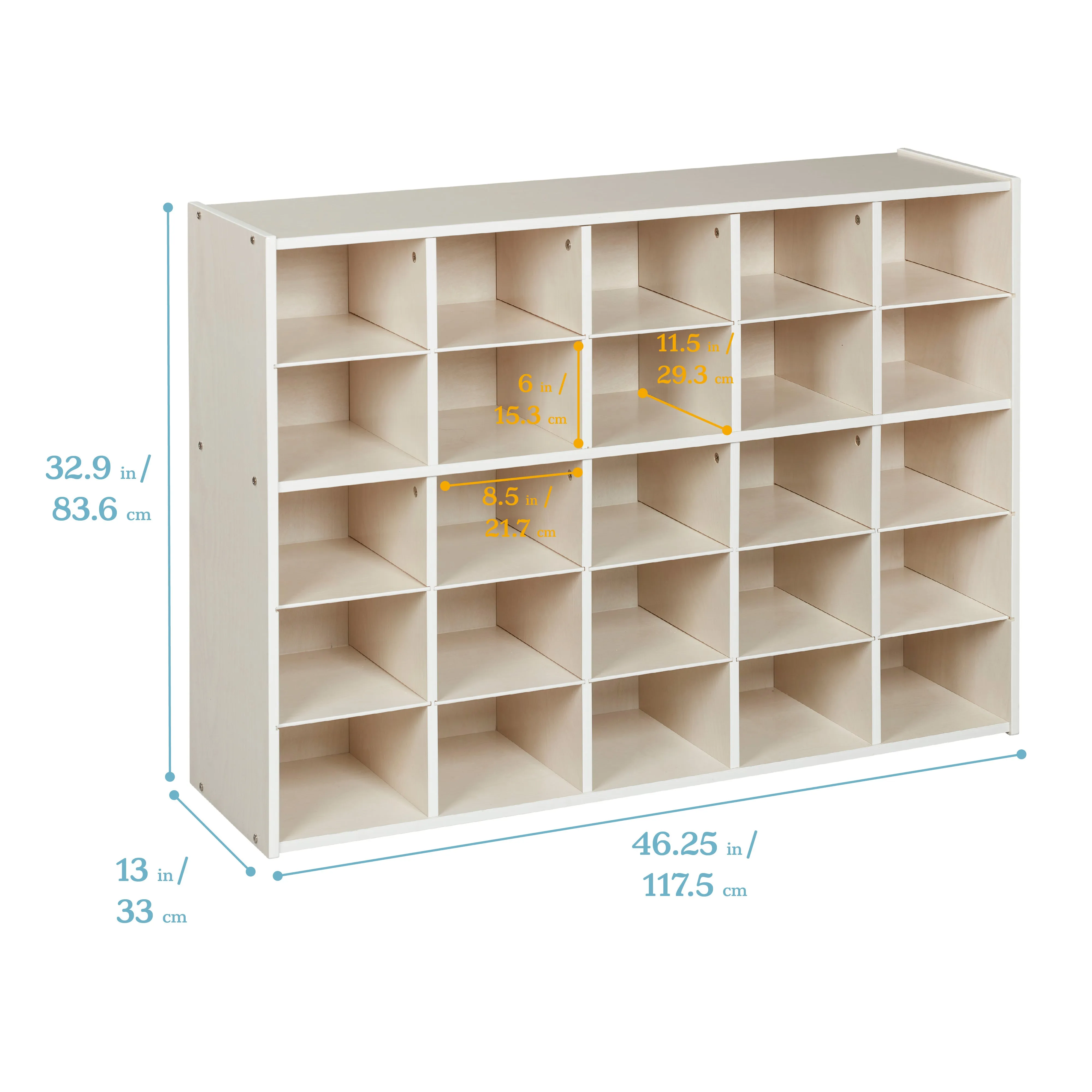 Streamline 25 Cubby Tray Cabinet with Scoop Front Storage Bins, 5x5, White Wash, Classroom Furniture