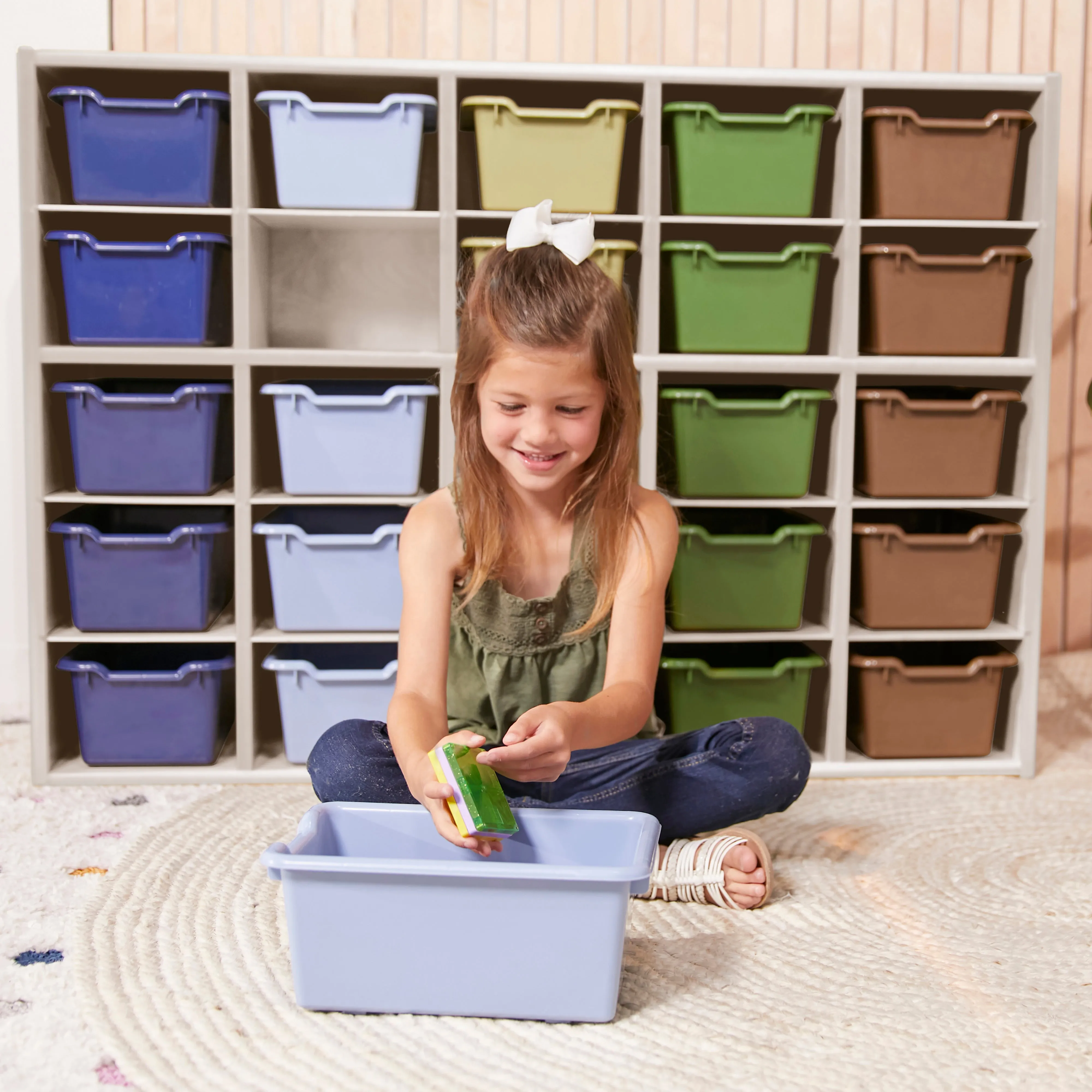 Streamline 25 Cubby Tray Cabinet with Scoop Front Storage Bins, 5x5, White Wash, Classroom Furniture