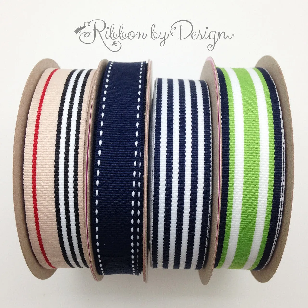 Stripes Ribbon in Dark Navy and White woven in 7/8" width
