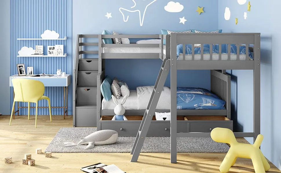 Triple Bunk Bed, L-Shaped, Twin over Full with 3 Drawers, Ladder and Staircase - Gray