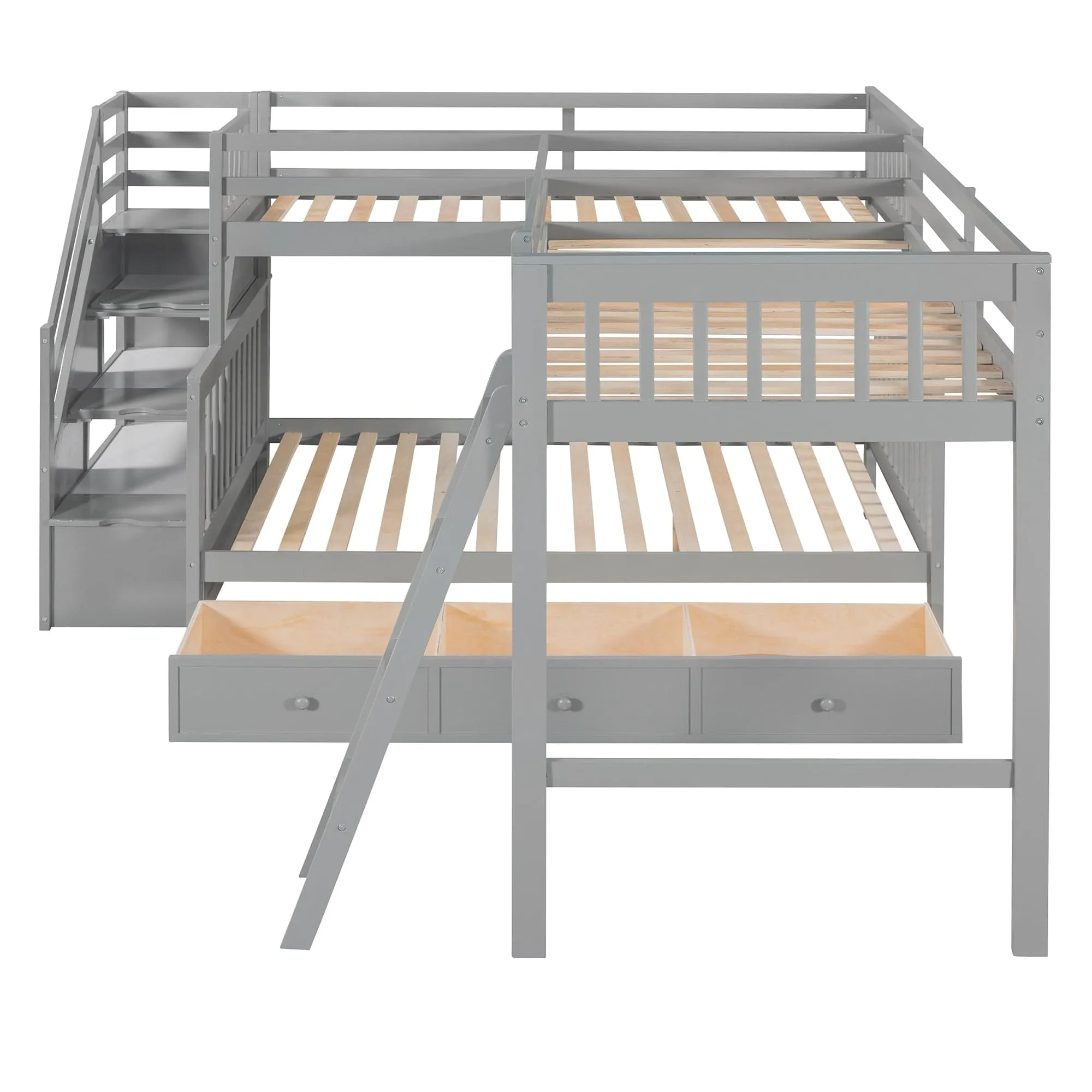Triple Bunk Bed, L-Shaped, Twin over Full with 3 Drawers, Ladder and Staircase - Gray