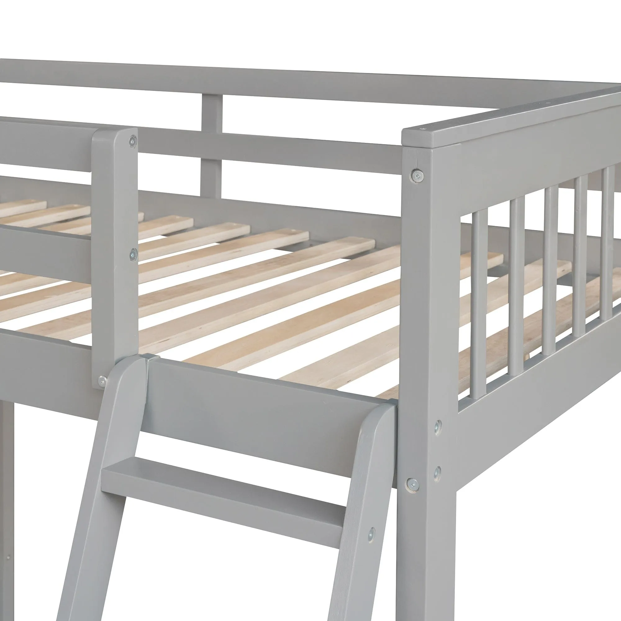 Triple Bunk Bed, L-Shaped, Twin over Full with 3 Drawers, Ladder and Staircase - Gray