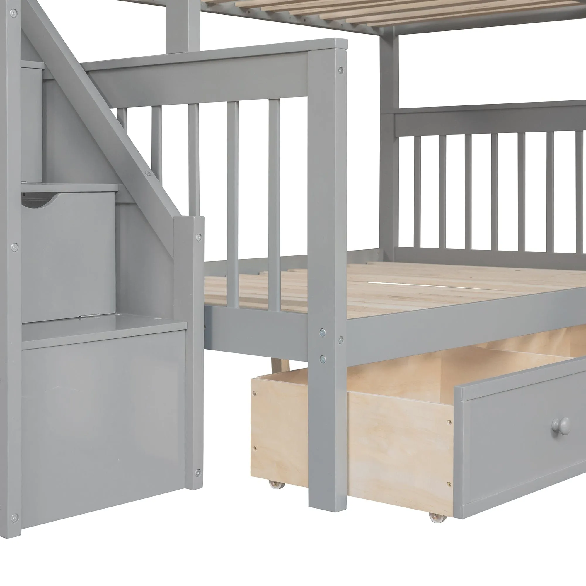 Triple Bunk Bed, L-Shaped, Twin over Full with 3 Drawers, Ladder and Staircase - Gray