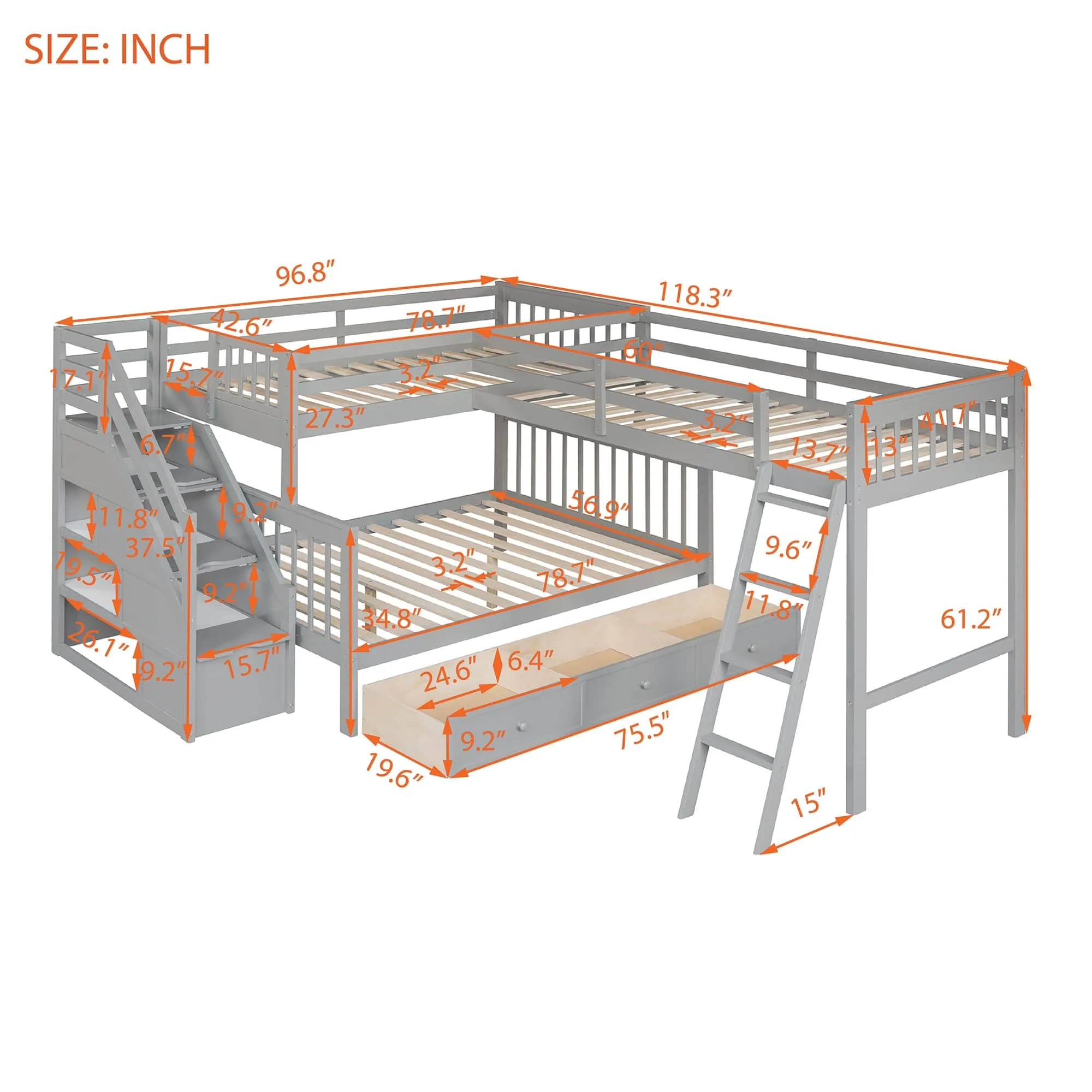 Triple Bunk Bed, L-Shaped, Twin over Full with 3 Drawers, Ladder and Staircase - Gray