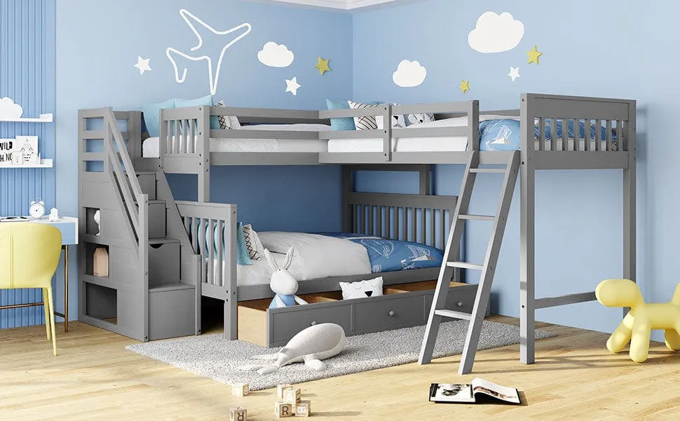 Triple Bunk Bed, L-Shaped, Twin over Full with 3 Drawers, Ladder and Staircase - Gray