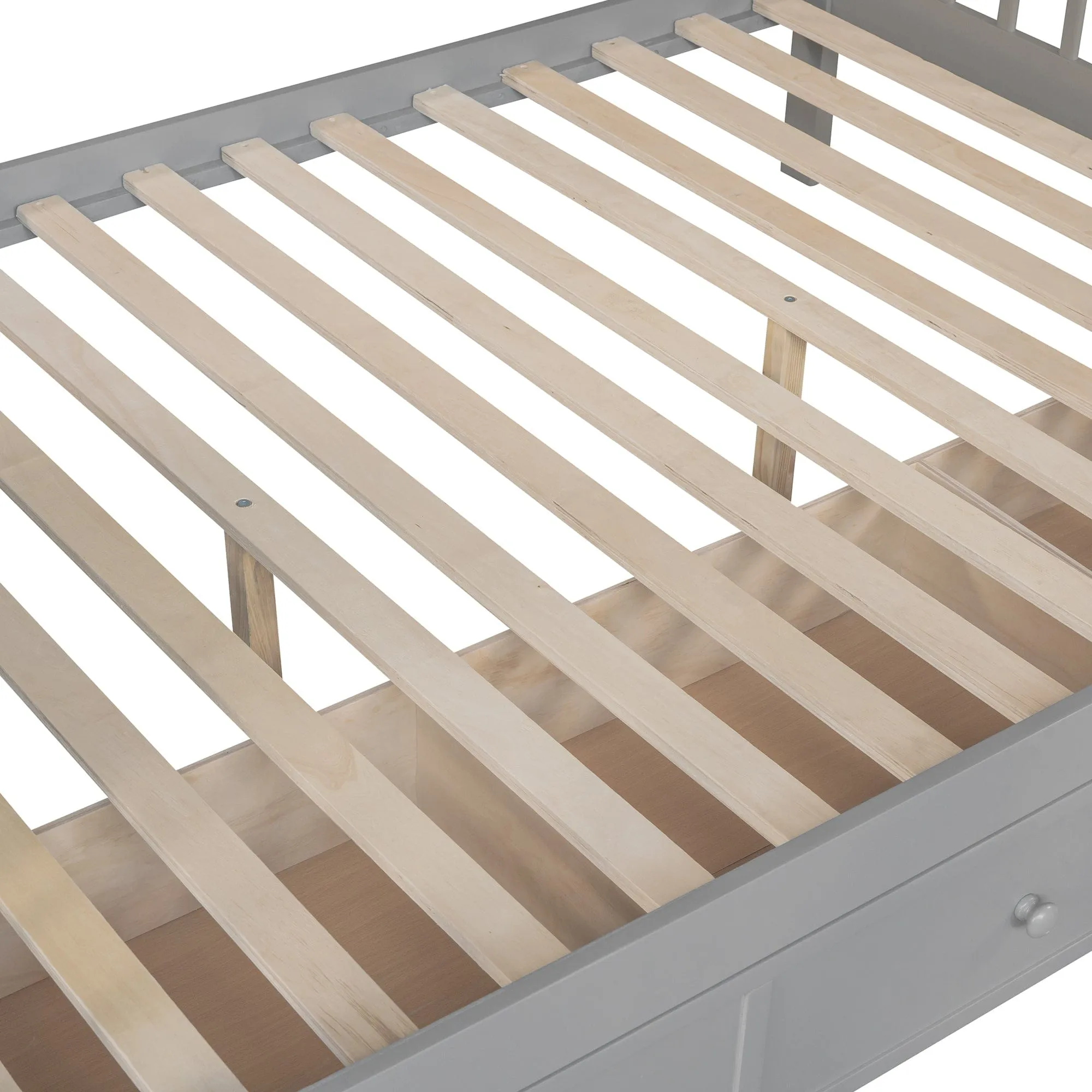 Triple Bunk Bed, L-Shaped, Twin over Full with 3 Drawers, Ladder and Staircase - Gray