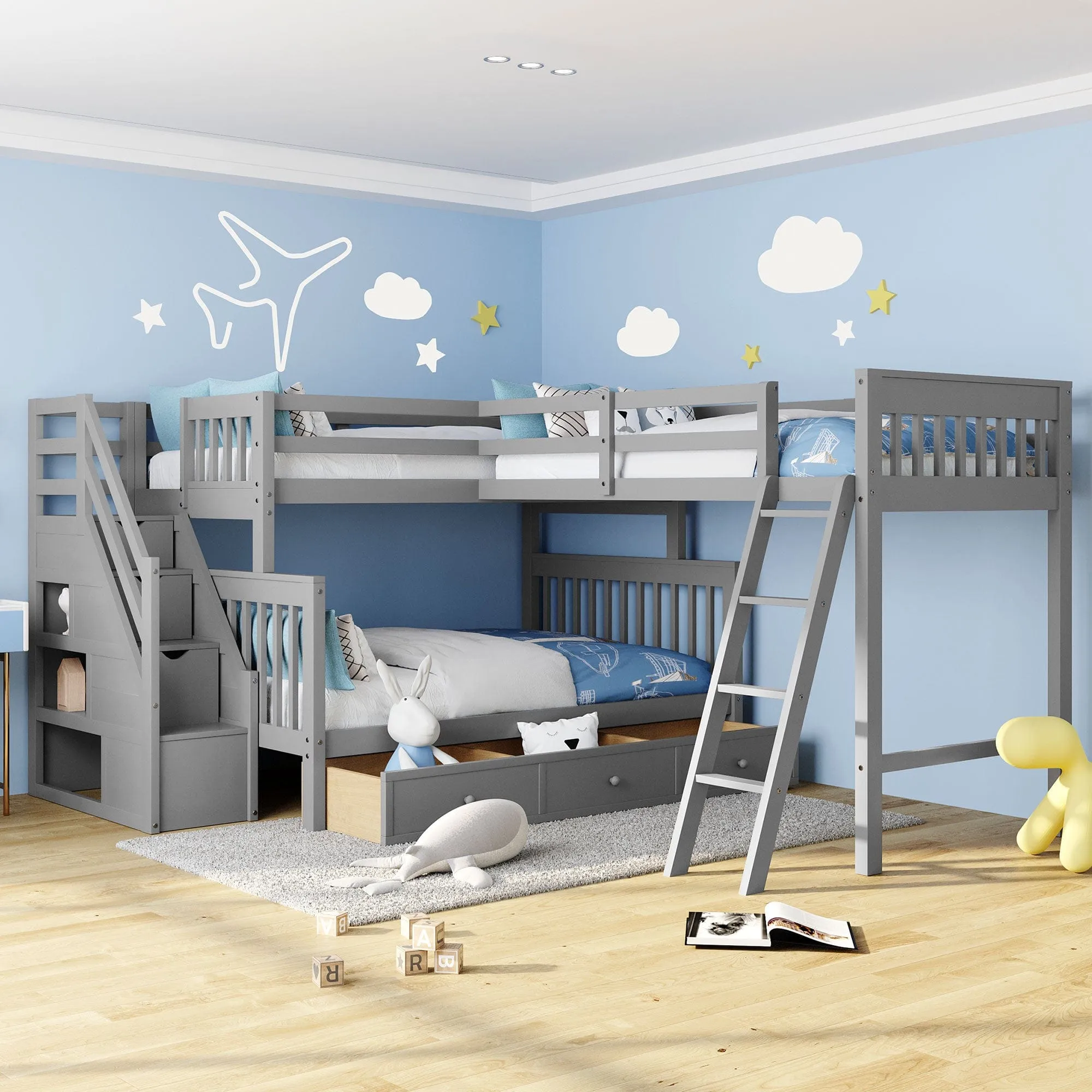 Triple Bunk Bed, L-Shaped, Twin over Full with 3 Drawers, Ladder and Staircase - Gray