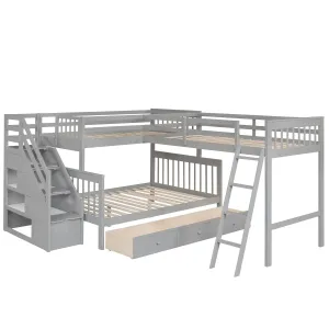 Triple Bunk Bed, L-Shaped, Twin over Full with 3 Drawers, Ladder and Staircase - Gray