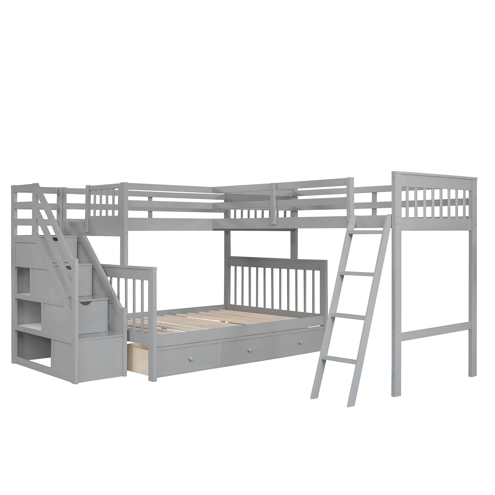 Triple Bunk Bed, L-Shaped, Twin over Full with 3 Drawers, Ladder and Staircase - Gray