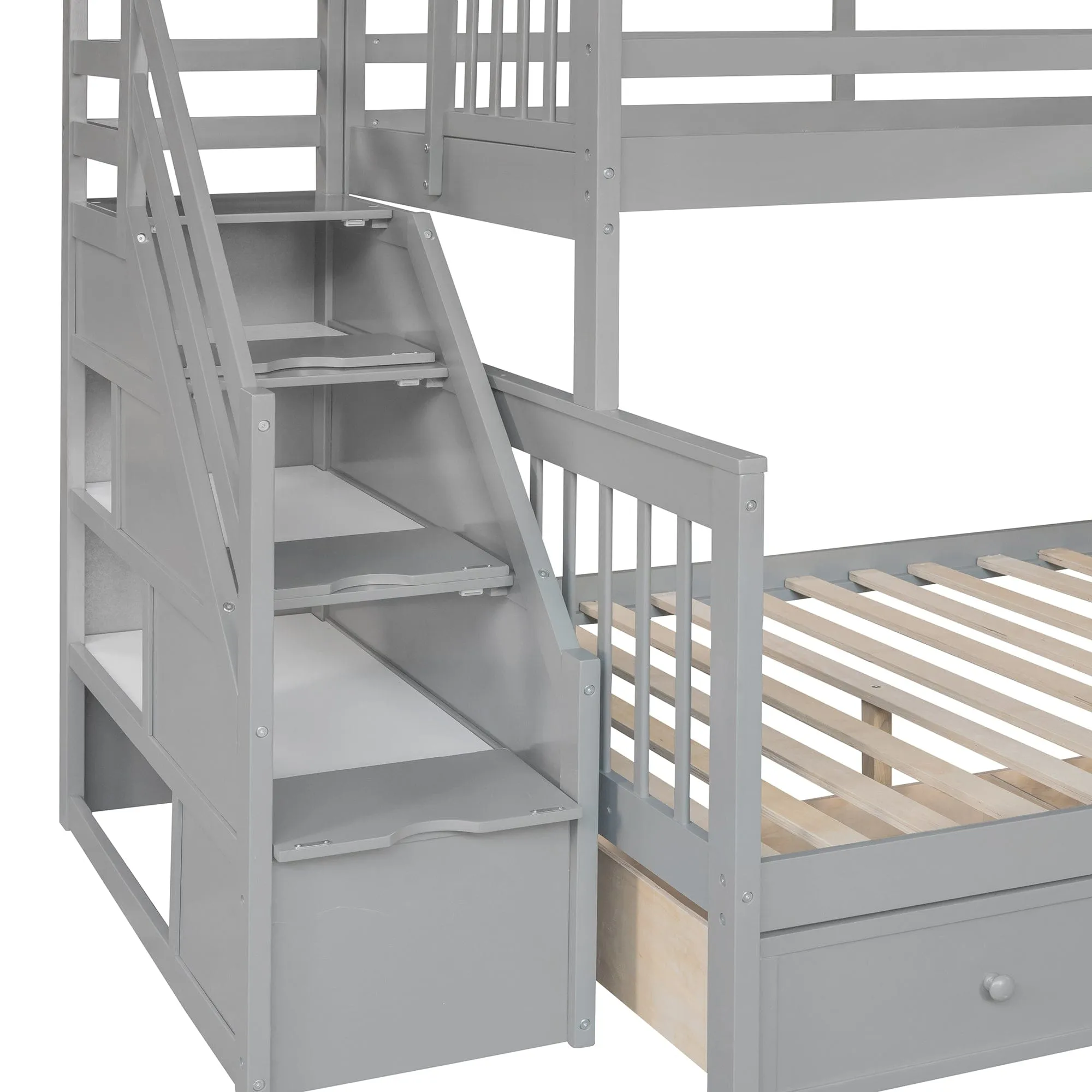 Triple Bunk Bed, L-Shaped, Twin over Full with 3 Drawers, Ladder and Staircase - Gray
