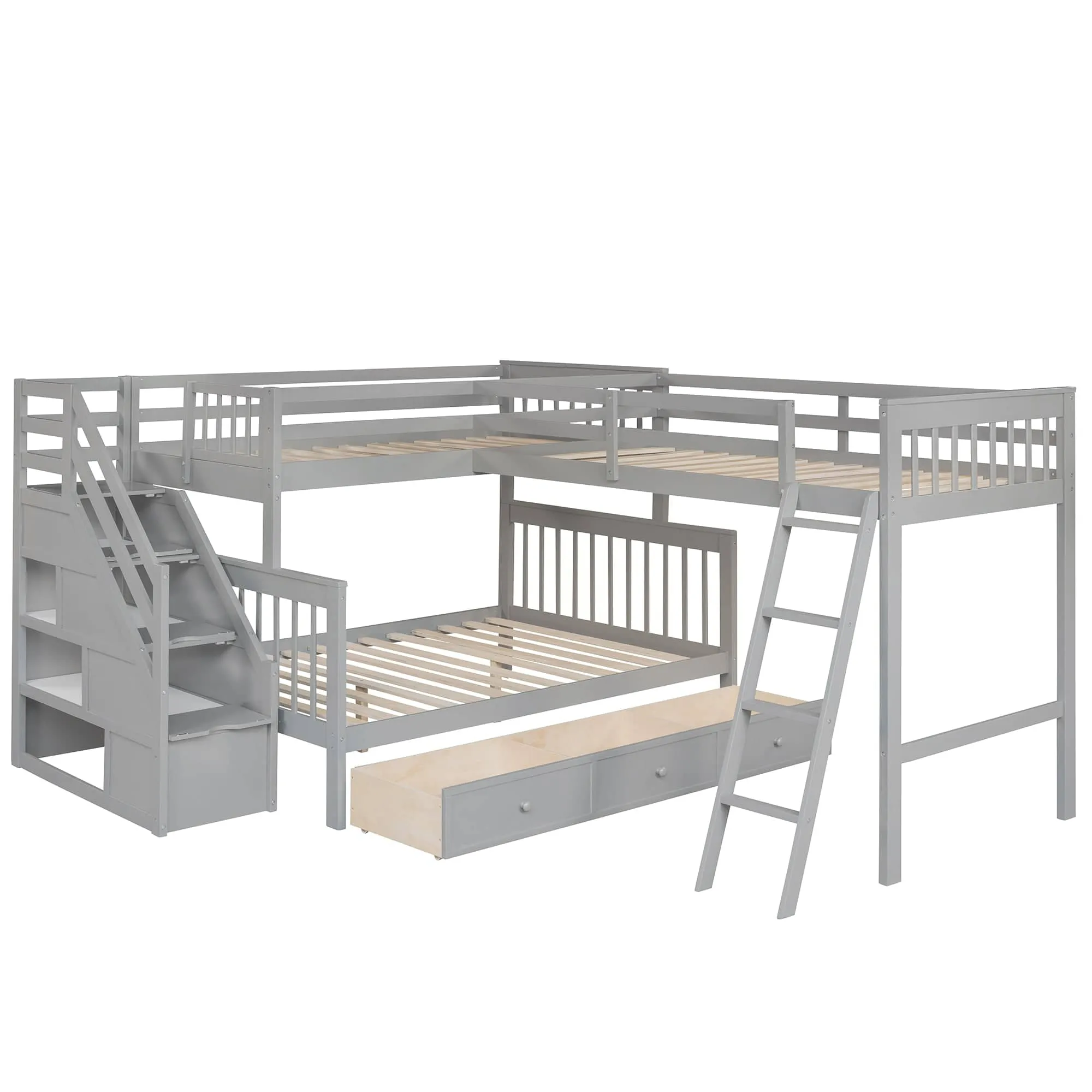 Triple Bunk Bed, L-Shaped, Twin over Full with 3 Drawers, Ladder and Staircase - Gray