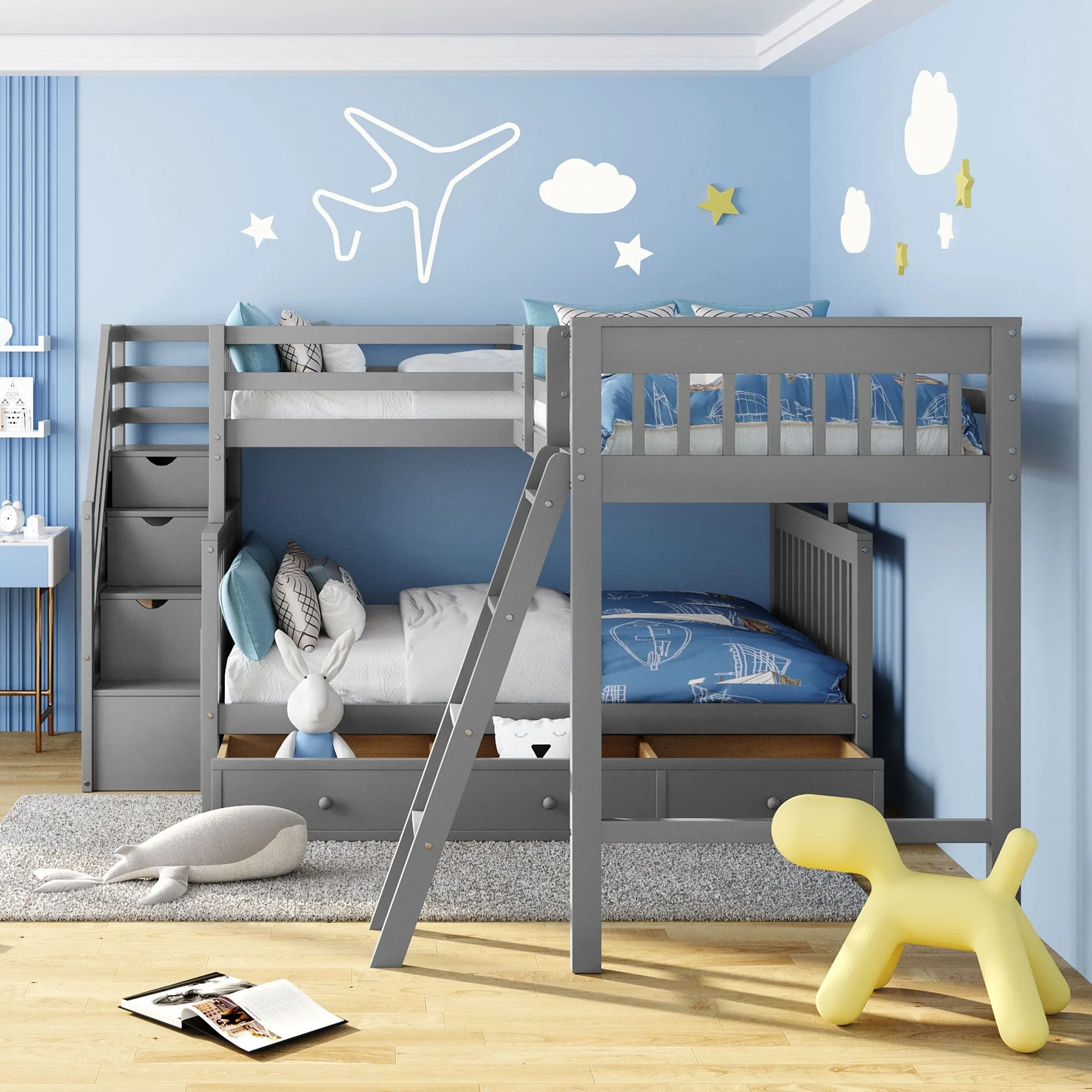 Triple Bunk Bed, L-Shaped, Twin over Full with 3 Drawers, Ladder and Staircase - Gray