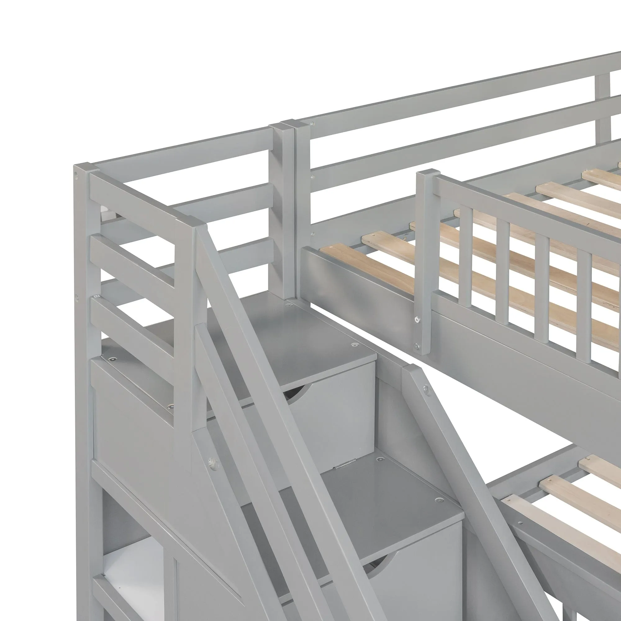 Triple Bunk Bed, L-Shaped, Twin over Full with 3 Drawers, Ladder and Staircase - Gray