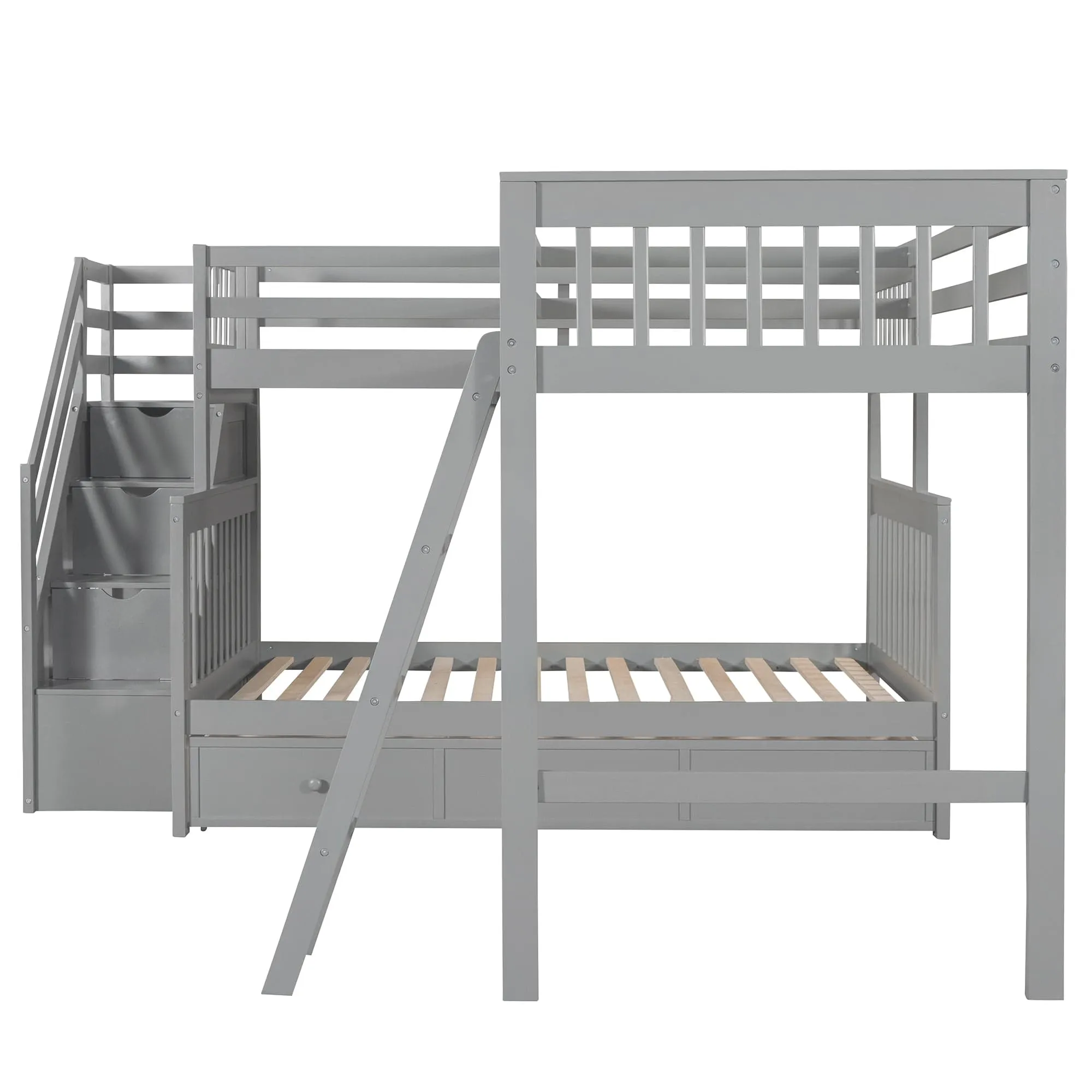 Triple Bunk Bed, L-Shaped, Twin over Full with 3 Drawers, Ladder and Staircase - Gray
