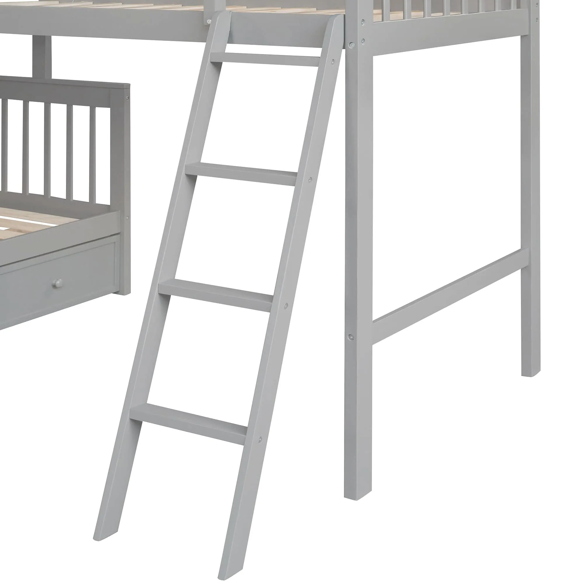 Triple Bunk Bed, L-Shaped, Twin over Full with 3 Drawers, Ladder and Staircase - Gray