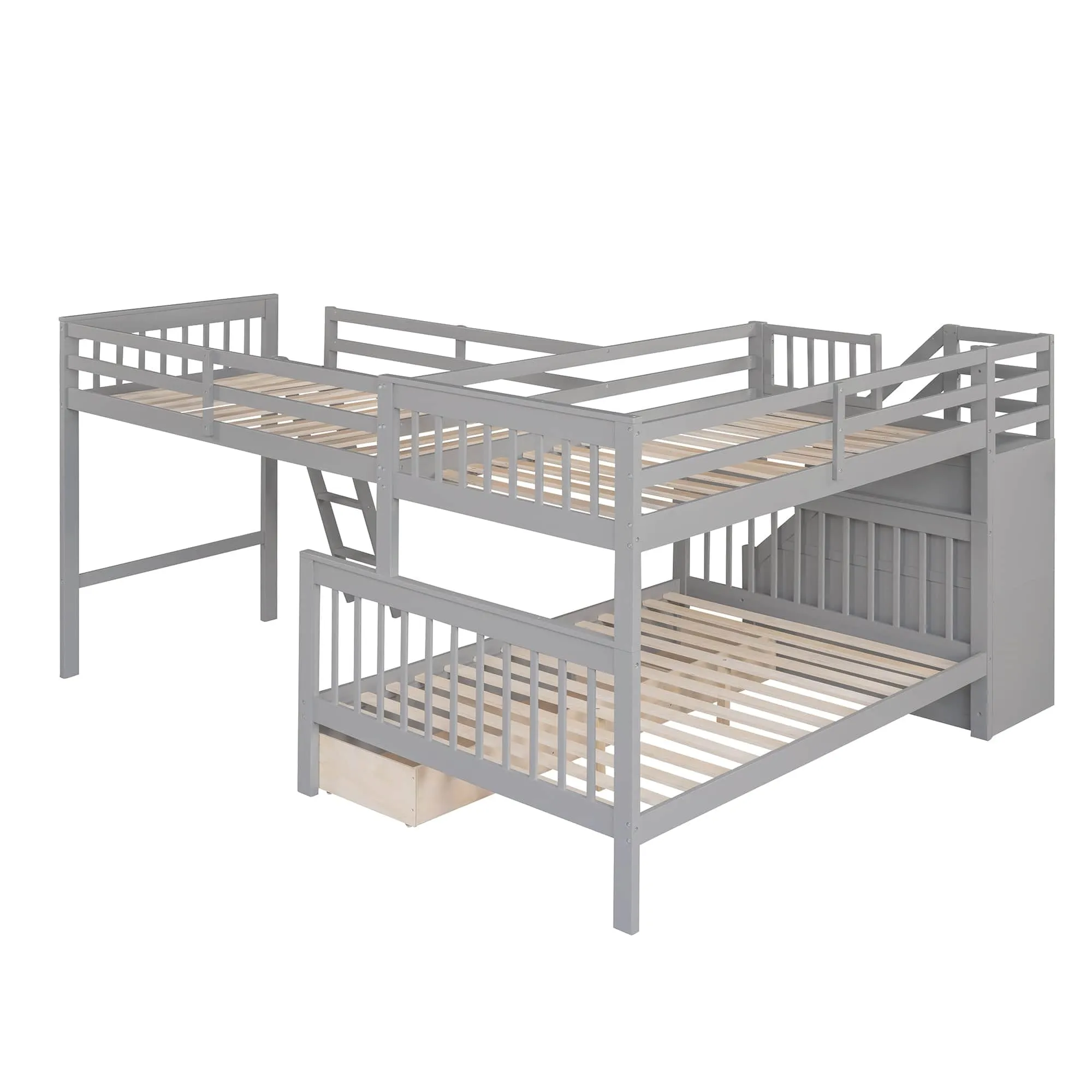 Triple Bunk Bed, L-Shaped, Twin over Full with 3 Drawers, Ladder and Staircase - Gray