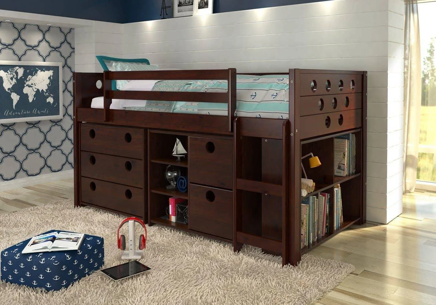 Tristan Loft Bed with Storage, Bookshelves, and Dresser in One