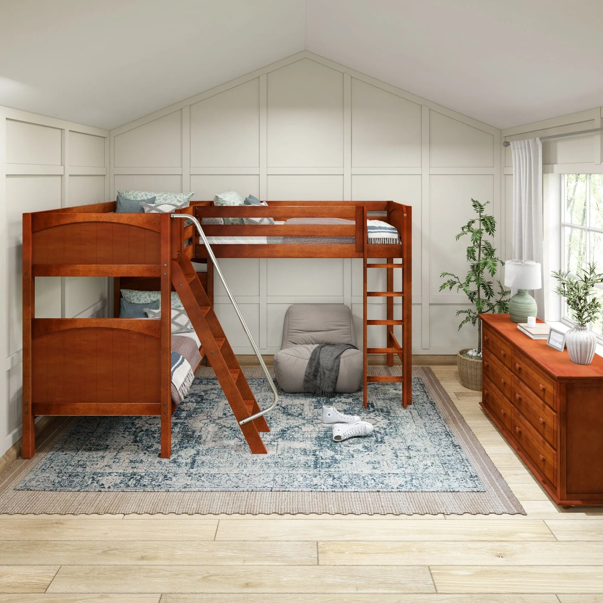 Twin High Corner Loft Bunk with Straight Ladder and Angled Ladder