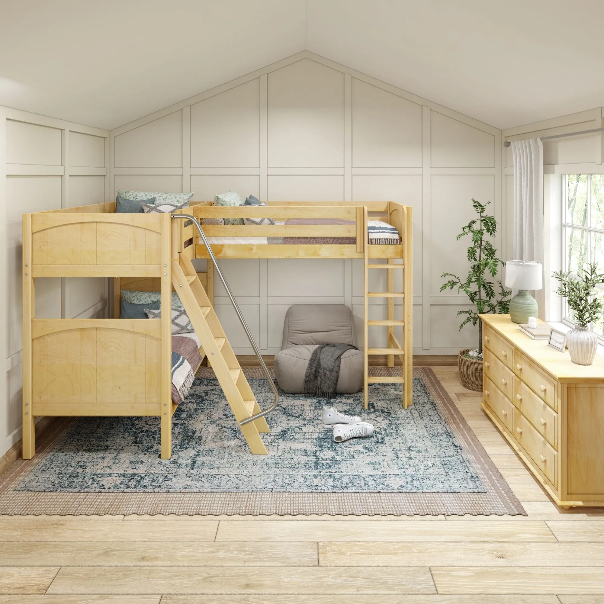 Twin High Corner Loft Bunk with Straight Ladder and Angled Ladder