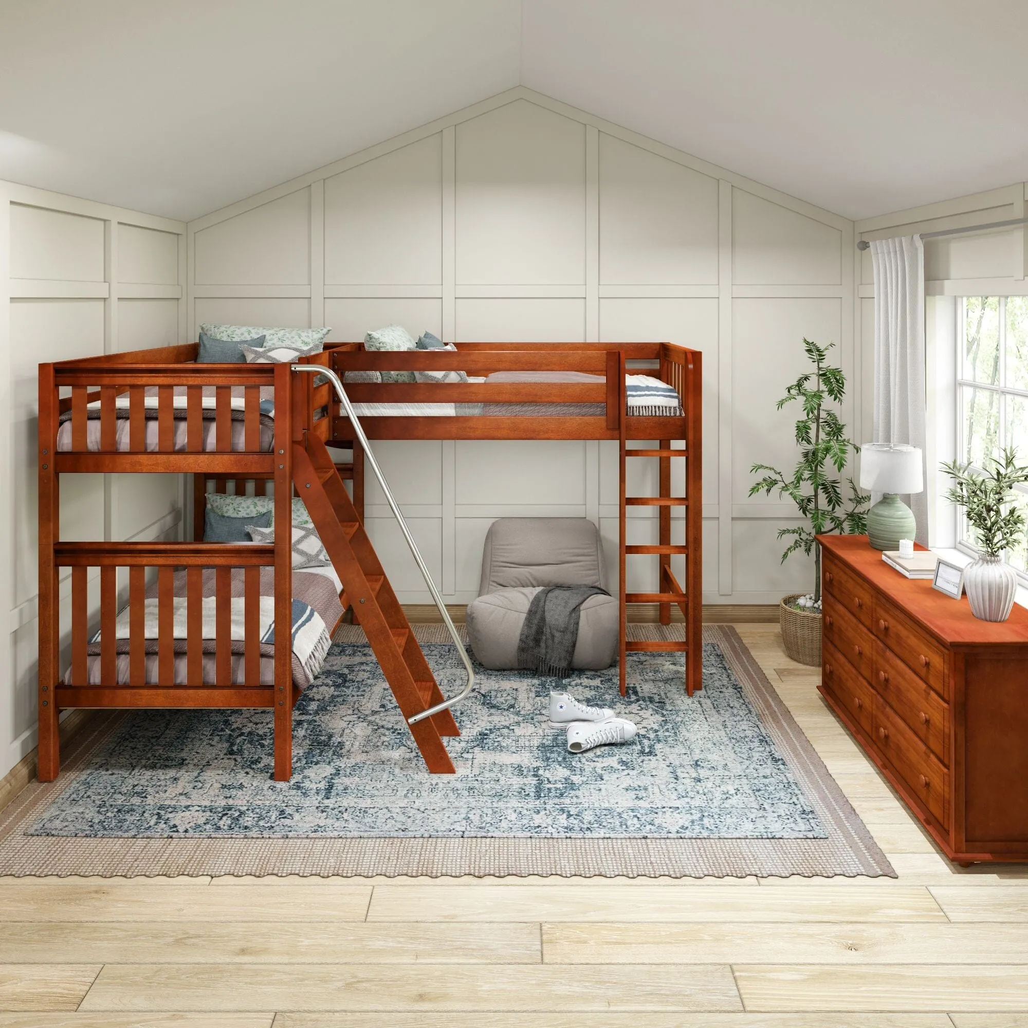 Twin High Corner Loft Bunk with Straight Ladder and Angled Ladder