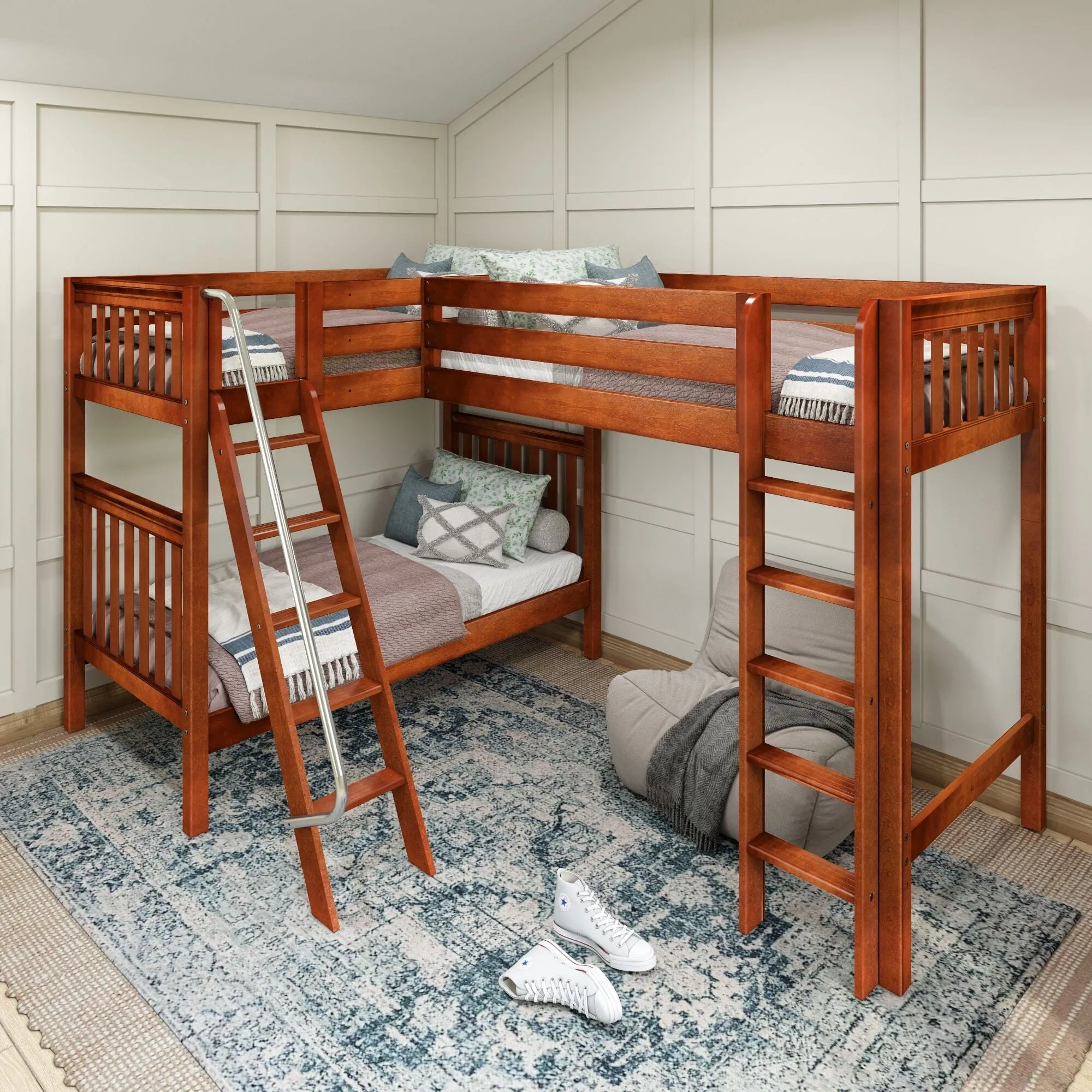 Twin High Corner Loft Bunk with Straight Ladder and Angled Ladder