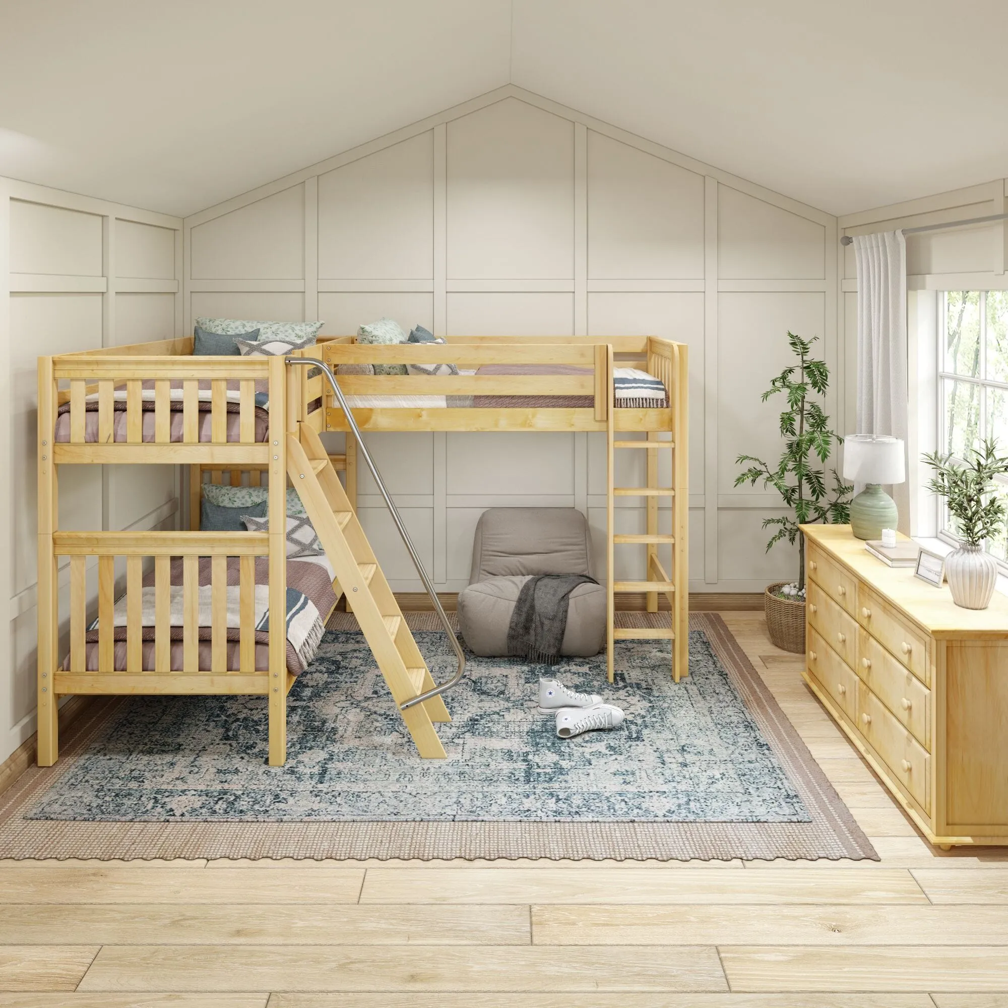 Twin High Corner Loft Bunk with Straight Ladder and Angled Ladder