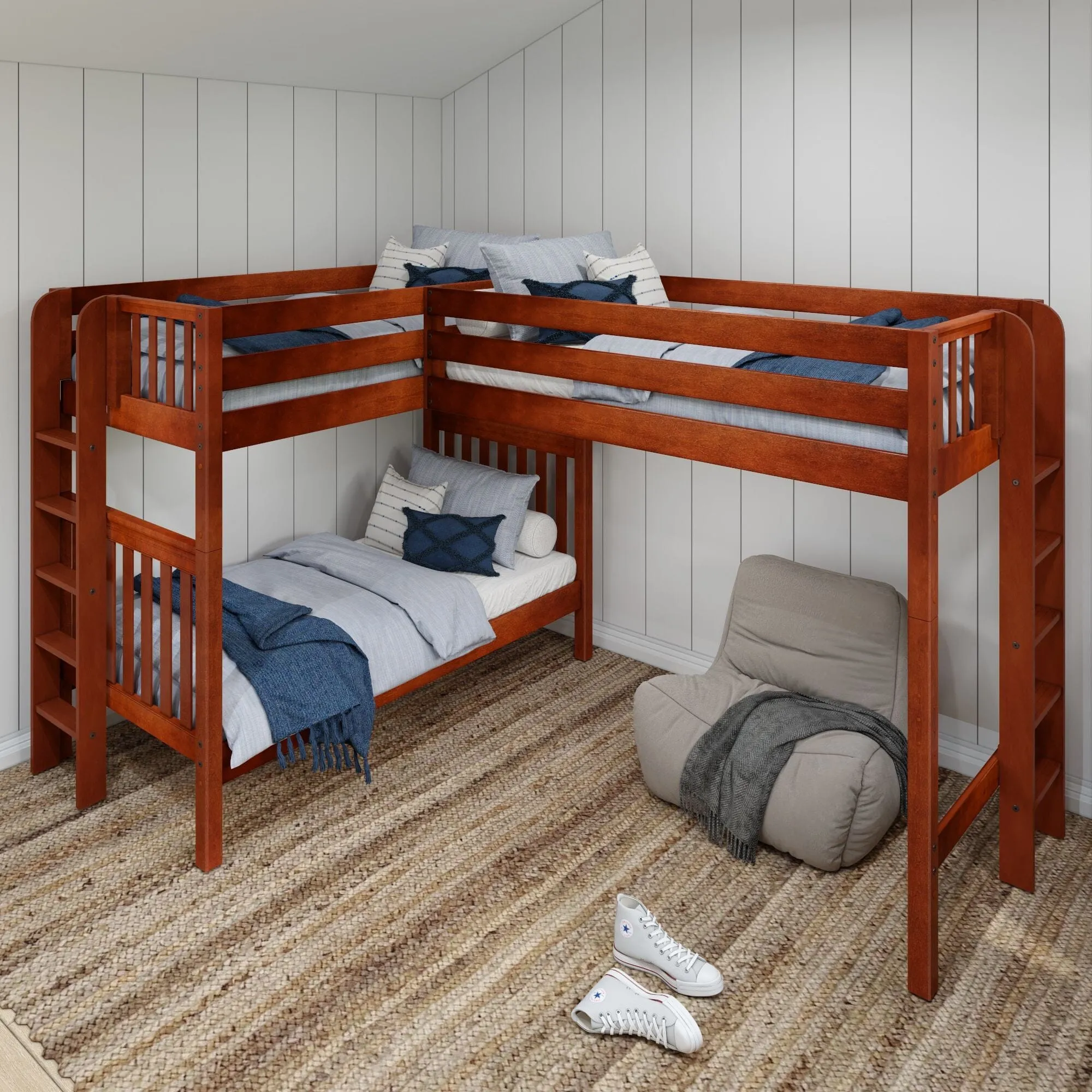 Twin High Corner Loft Bunk with Straight Ladders on Ends