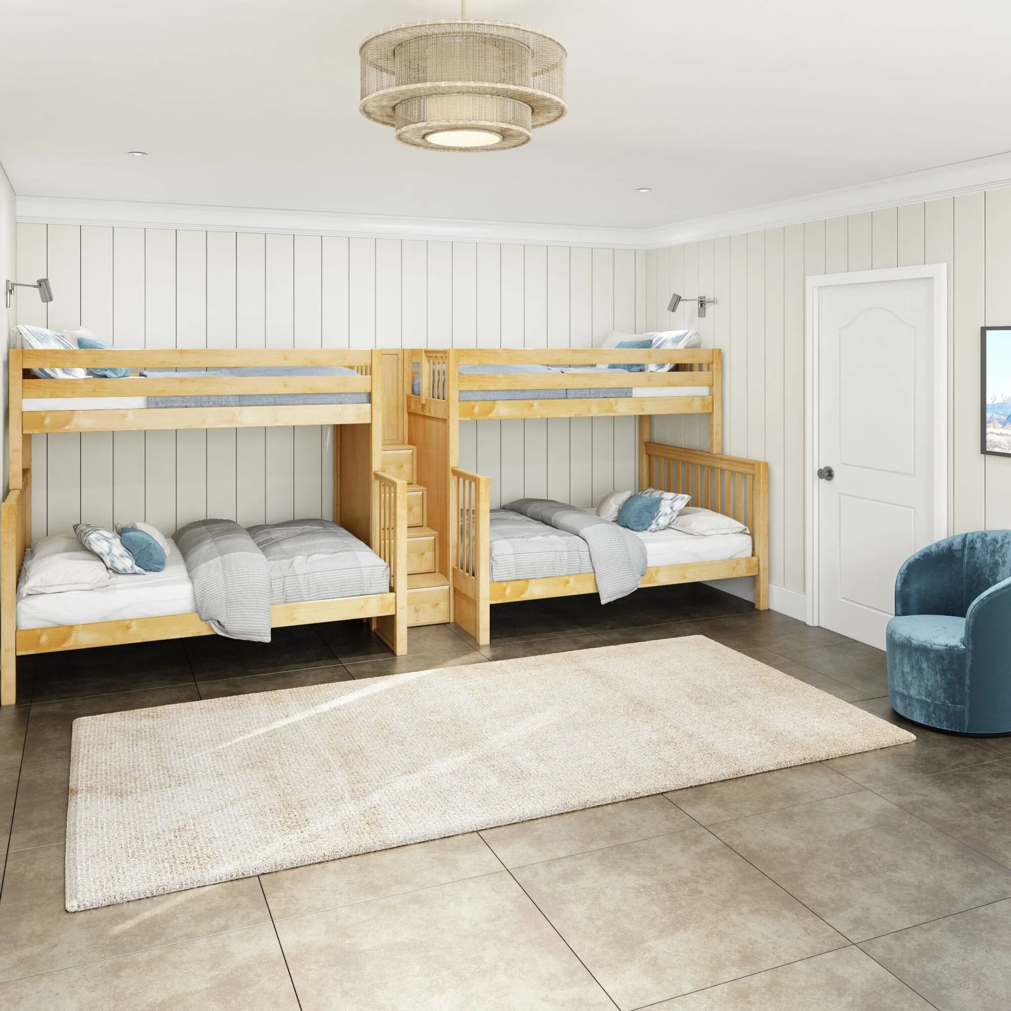Twin XL over Queen High Quad Bunk with Stairs in Middle