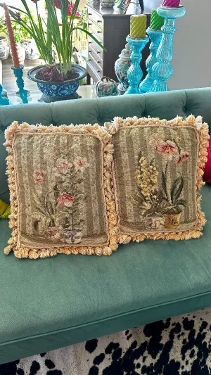 Vintage Needlepoint Pillows, Single or Pair, Tassel fringe, Florals in Chinoiserie Pots