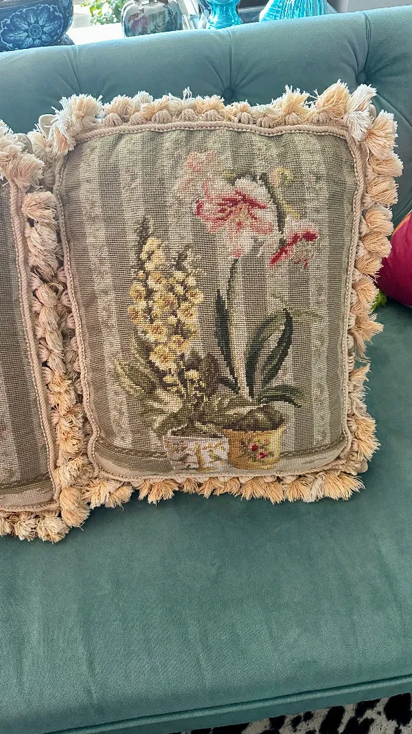Vintage Needlepoint Pillows, Single or Pair, Tassel fringe, Florals in Chinoiserie Pots