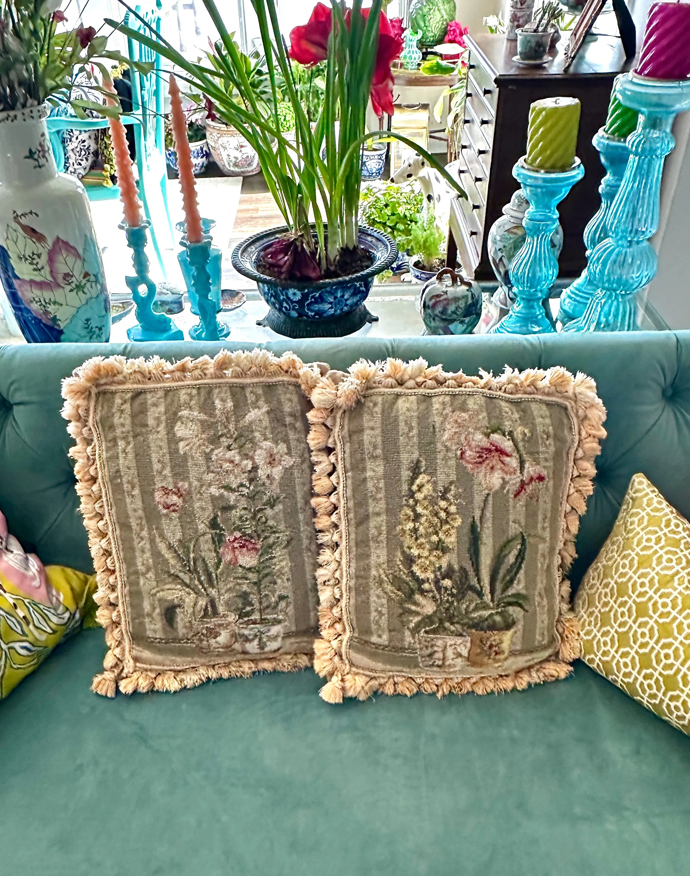 Vintage Needlepoint Pillows, Single or Pair, Tassel fringe, Florals in Chinoiserie Pots