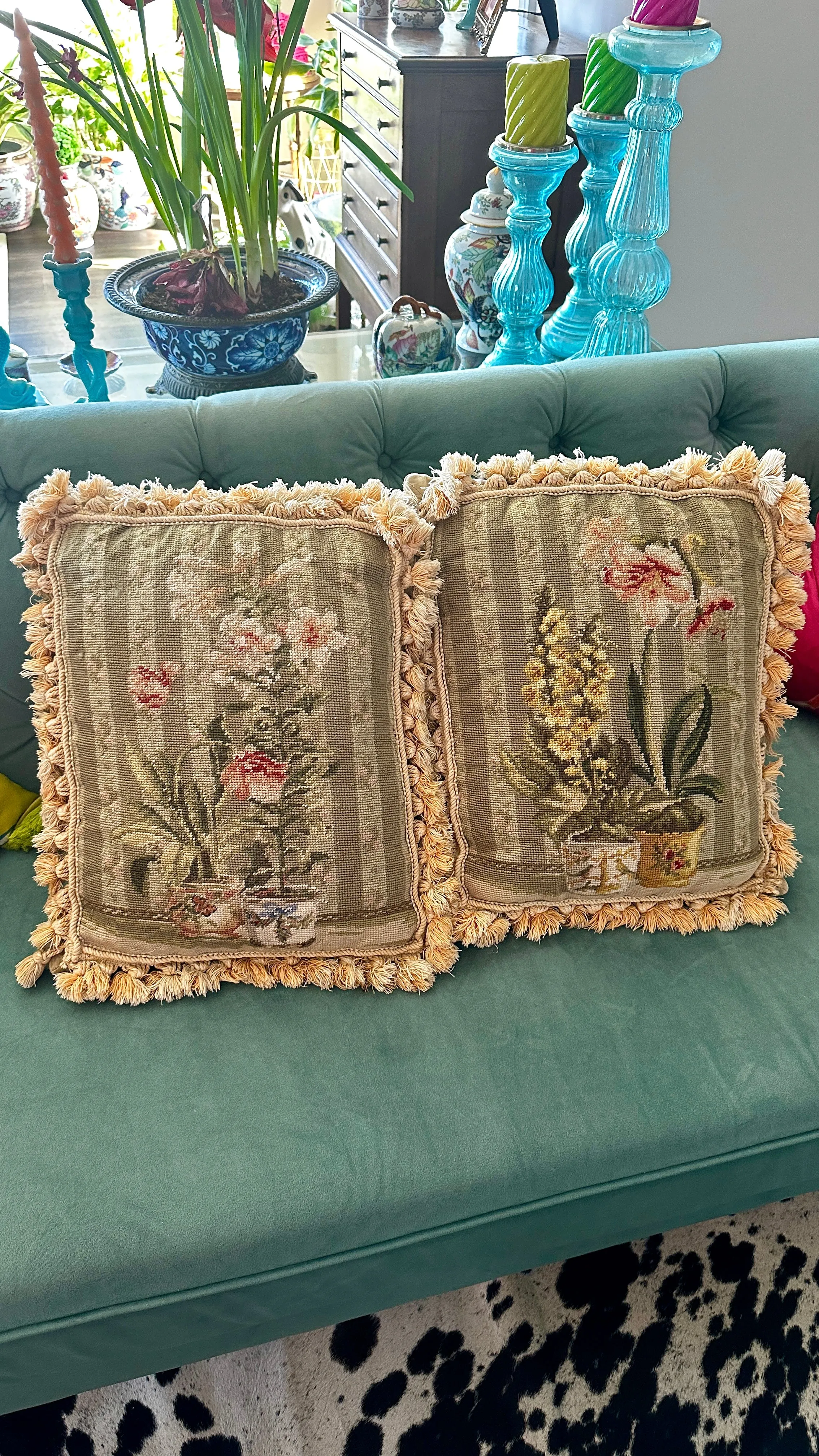 Vintage Needlepoint Pillows, Single or Pair, Tassel fringe, Florals in Chinoiserie Pots