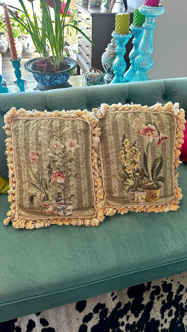 Vintage Needlepoint Pillows, Single or Pair, Tassel fringe, Florals in Chinoiserie Pots