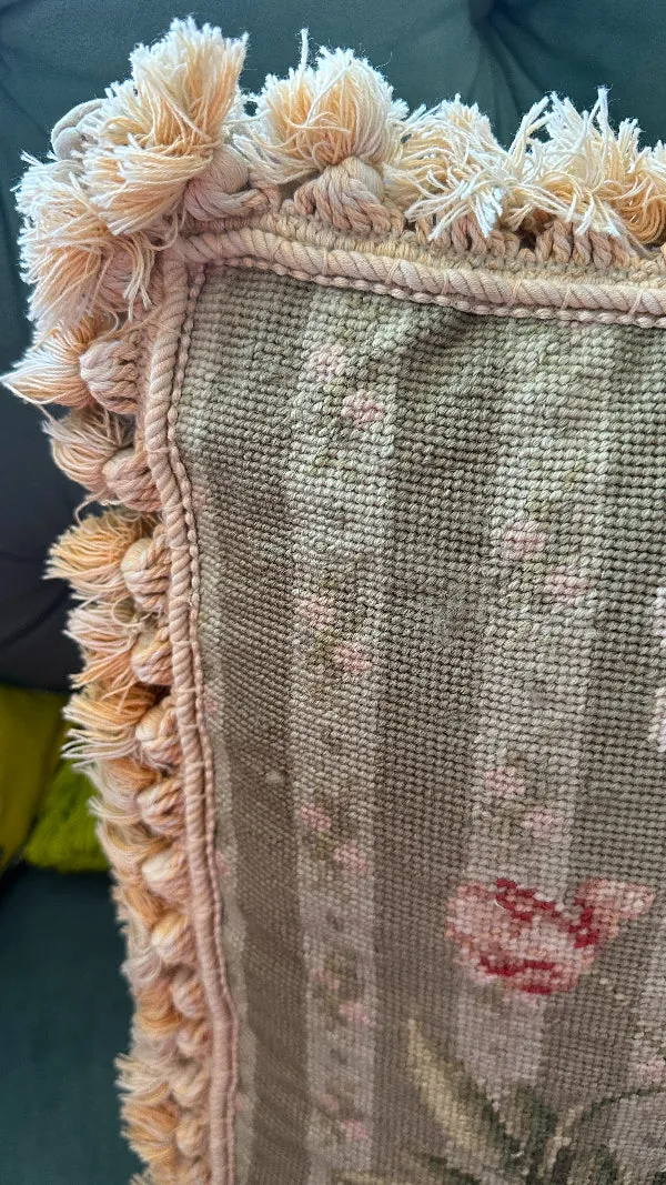 Vintage Needlepoint Pillows, Single or Pair, Tassel fringe, Florals in Chinoiserie Pots